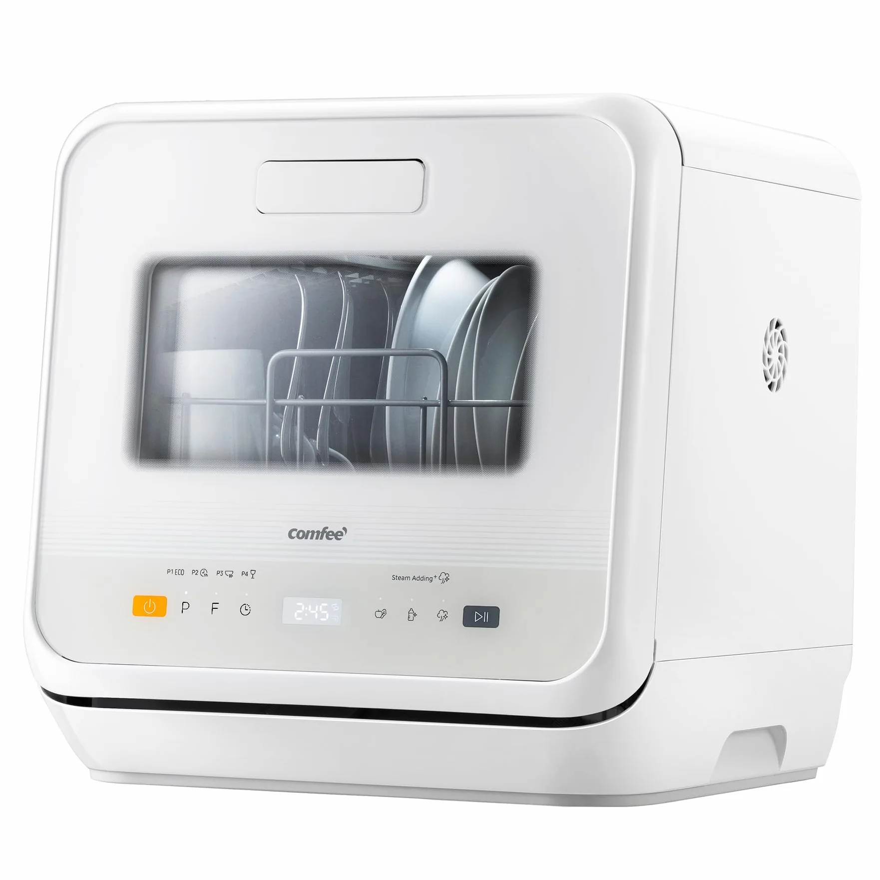 COMFEE' Lavavajillas de Encimera Mini, 6 Programas, Lavado con Vapor, Cuidado del Bebé, Lavado de Frutas, Sin Fontanería, Inicio Diferido, 72h Almacenamiento, Blanco