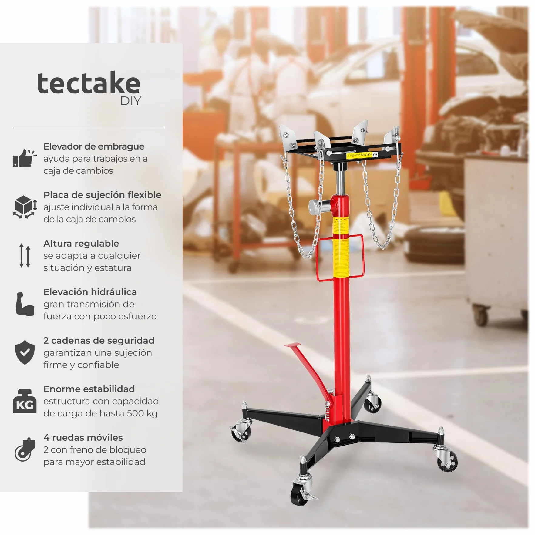 tectake® Gato Hidráulico, Soporte Motor, Gato de Foso, Gato Hidráulico Coche, Herramientas Taller Mecánico, Gato Elevador, Soporte Motor Coche - Carga hasta 500 kg, Altura de 113-192 cm