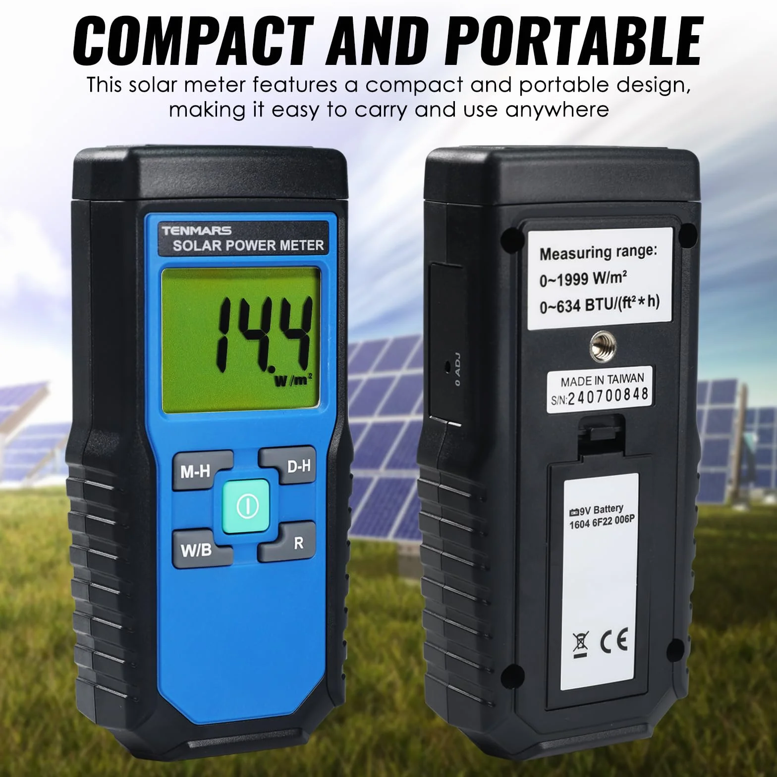 Mano Retenida Digital Solar Poder Metro (Piranómetro) 2000 W/m2, 634BTU / (ft2xh) Medición Solar Radiación Energía Insolación Ensayador