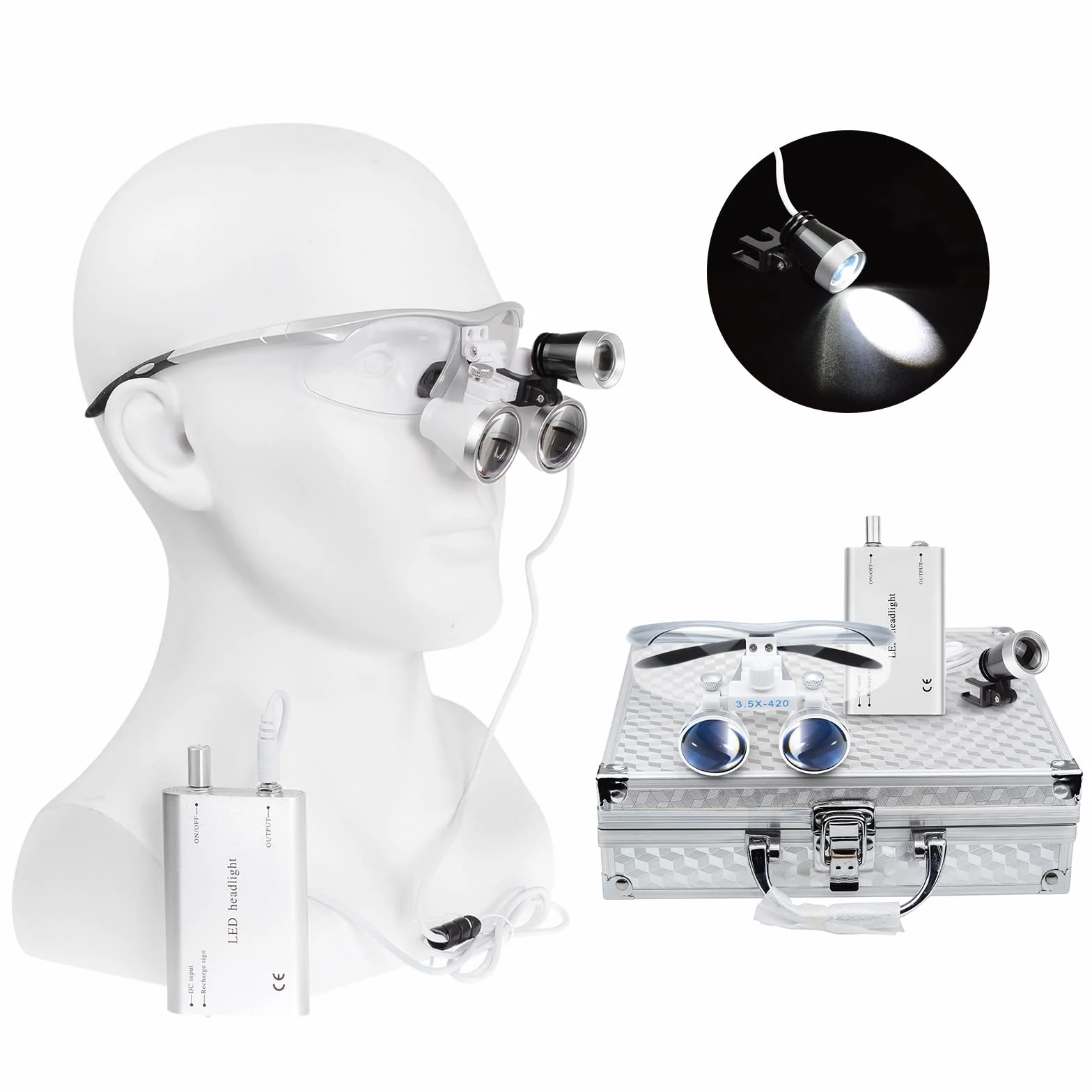 Bonew Dental Binocular Loupes Kit 3.5x 420mm LED Headlight Aluminum Case Silver
