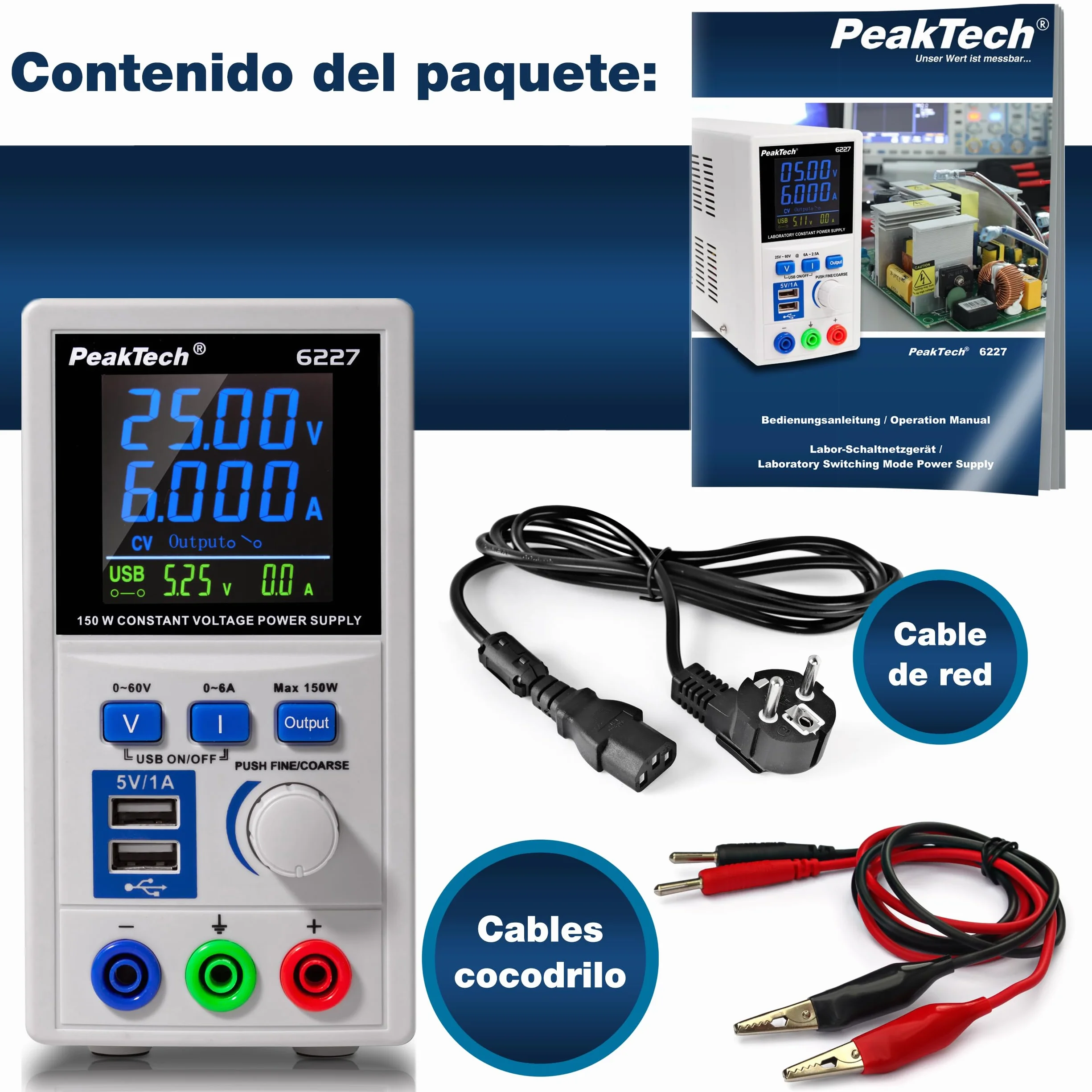 PeakTech P 6227 - DC switching power supply 0-60 V / 0-6 A with color LCD & 2 x USB