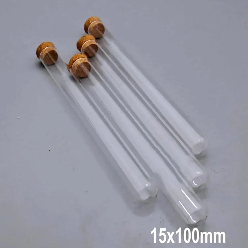 Lote de 100 tubos de ensayo de vidrio transparente con tapón de corcho, fondo redondo, pequeños suministros de laboratorio.(15x150mm)