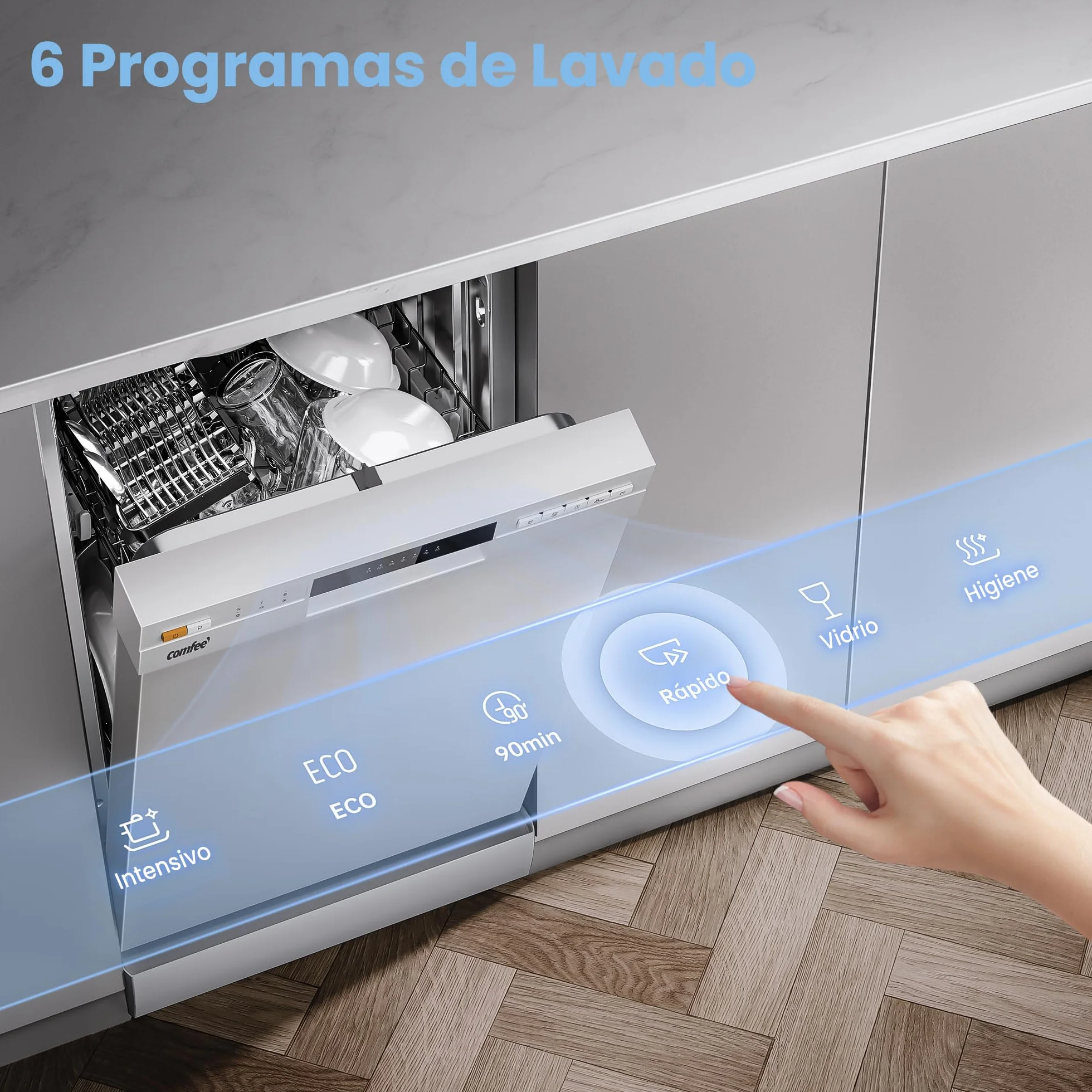 COMFEE' CDWEF1034BW Lavavajillas Independiente 10 Cubiertos 45cm Inicio Diferido Media Carga 72℃ Lavado higiénico Rejillas Flexibles Blanco