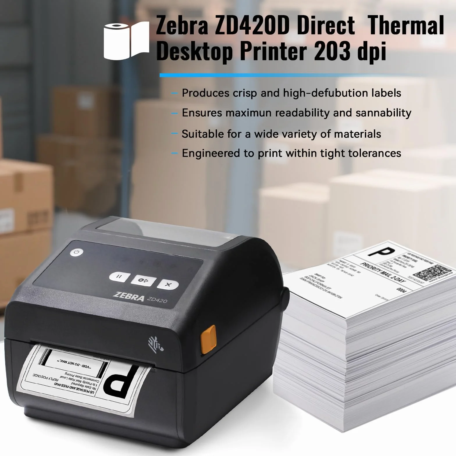 Zebra ZD420d ZD42042-D01000EZ - Impresora térmica directa de escritorio, 203 ppp, ancho de impresión de 4 pulgadas, USB