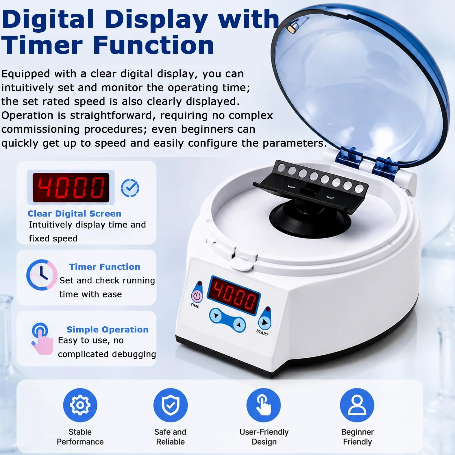 Mini máquina centrífuga con pantalla digital, función de temporizador, tubos de 0,2/0,5/1,5/2 ml for laboratorio, separación de micromuestras, investigación bioquímica(4000rpm)