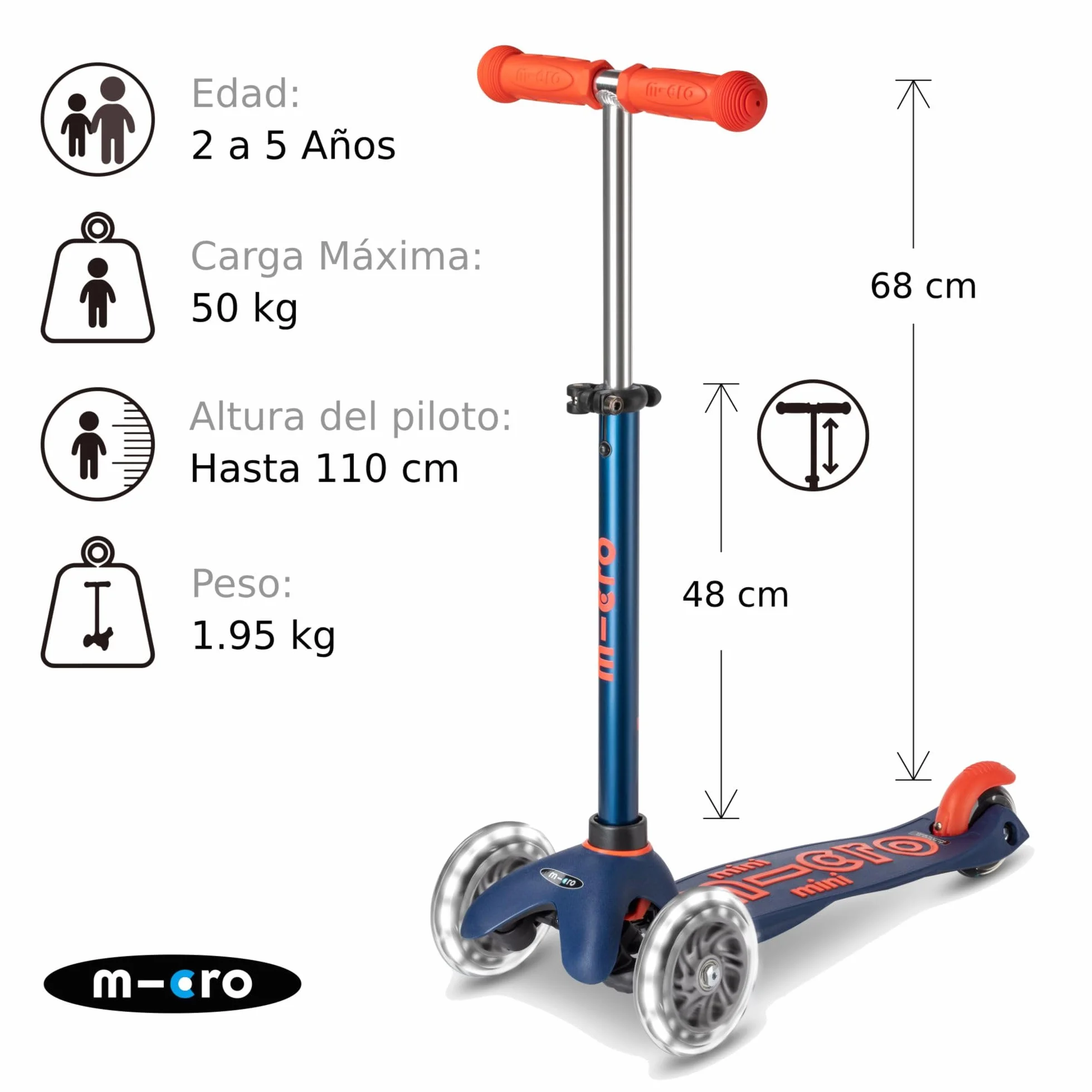 Micro Mini Deluxe LED Patinete Infantil 3 Ruedas con Luces LED sin Pilas Manillar Ajustable Giro por Inclinación +2 Años
