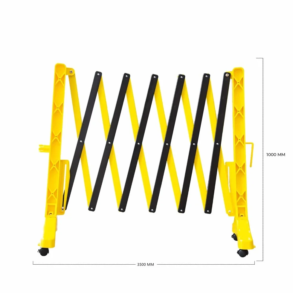 Barrera de seguridad plegable amarilla - 350 cm | Barricada extensible de plástico para seguridad peatonal | Valla de barricada móvil portátil con 4 ruedas