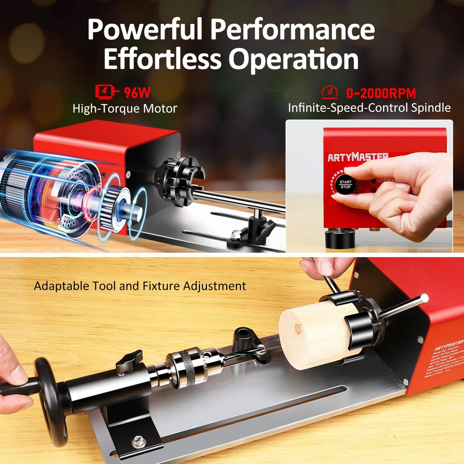 Mini torno WM101A-Plus Mini máquina de torno de madera, torno de potencia de 24 V CC 96 W, torno de mesa pequeño con kits de herramientas de torno de torneado de madera, velocidad infinitamente