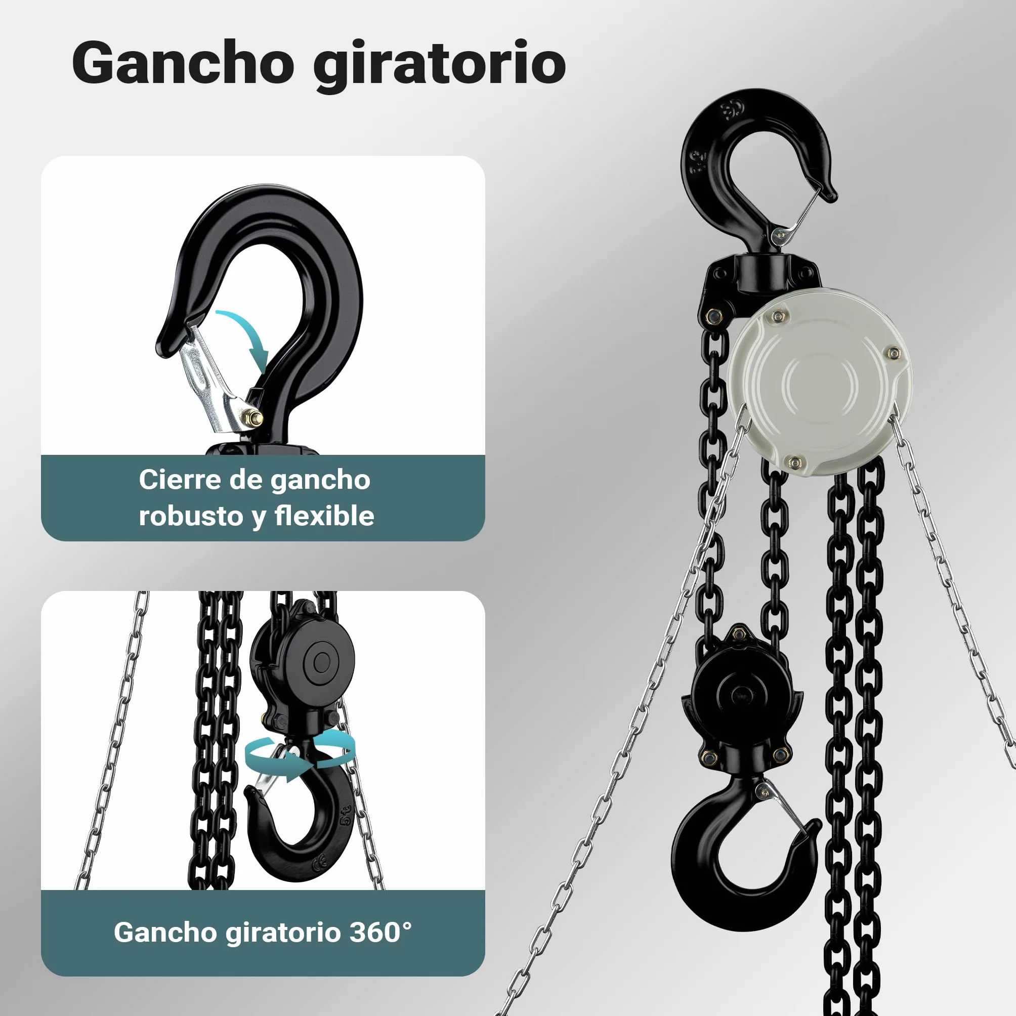 Wiltec Mini polipasto manual de cadena capacidad de carga hasta 5 t altura de elevación hasta 5 m cadena G80 de 5 m ganchos giratorios ideal entornos industriales y profesionales