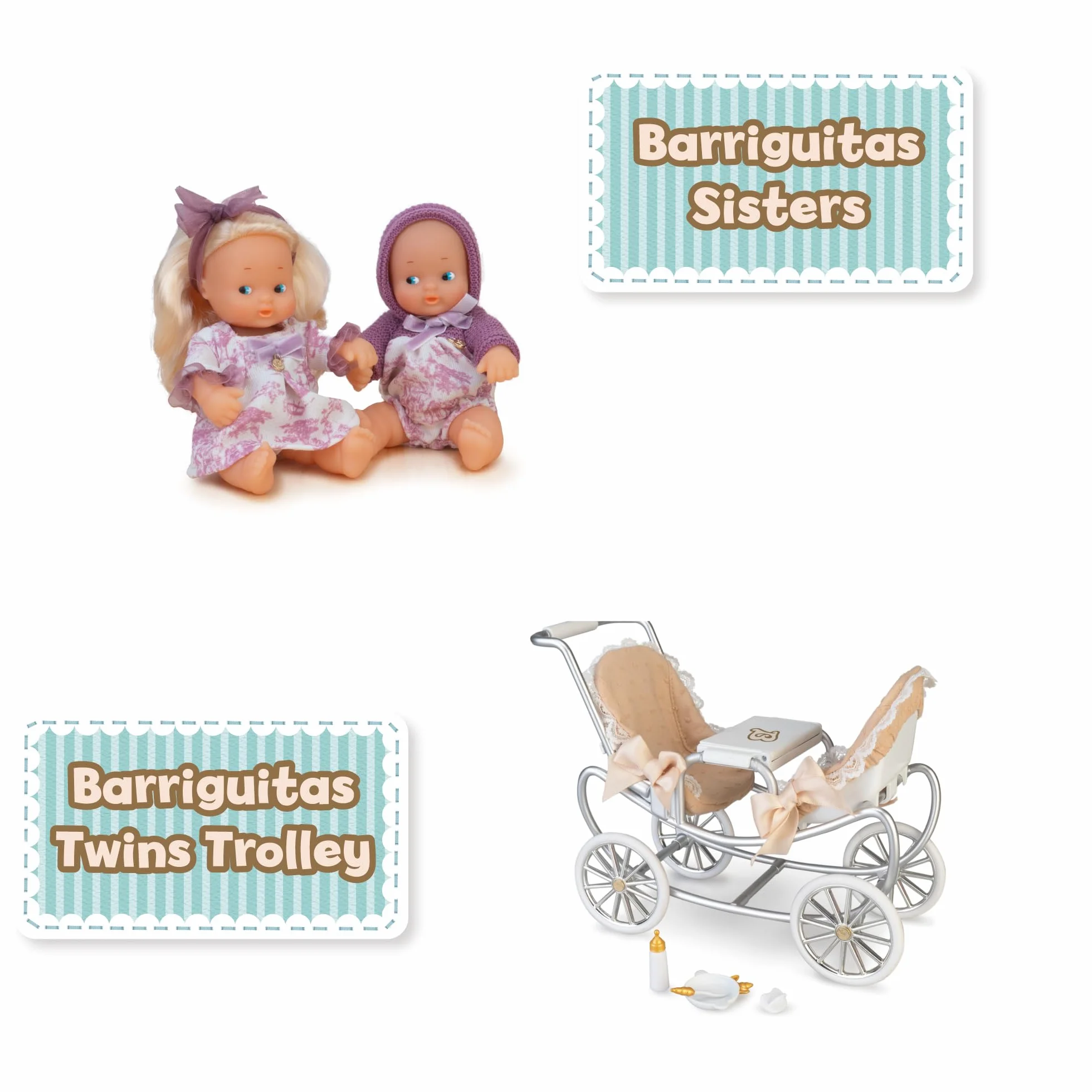 Famosa Barriguitas Carrito de Gemelos Set de Juguete con Carro de Paseo para Muñecas Bebés 4 Accesorios