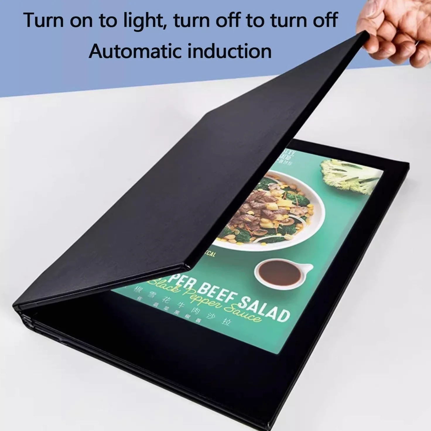 Cubierta de menú con iluminación LED, luz recargable de doble cara con sensor automático, protector de piel sintética para restaurantes, cafeterías, bares (3 hojas + 4 lados)
