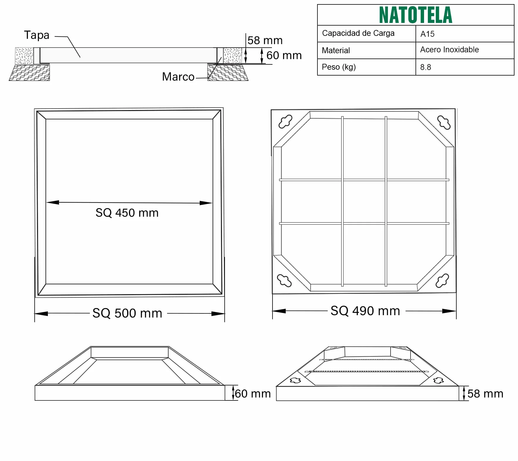 Tapa de alcantarilla con marco, 500 x 500 mm, acero inoxidable A15, tapa de alcantarilla, para interior y exterior, cuadrada
