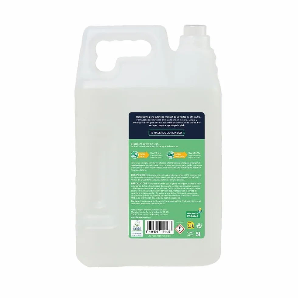 PLANETA HUERTO | Pack 6x Lavavajillas Manual Té Verde ECO 5 L | Detergente Ecológico Concentrado para una Limpieza Eficiente y Sostenible