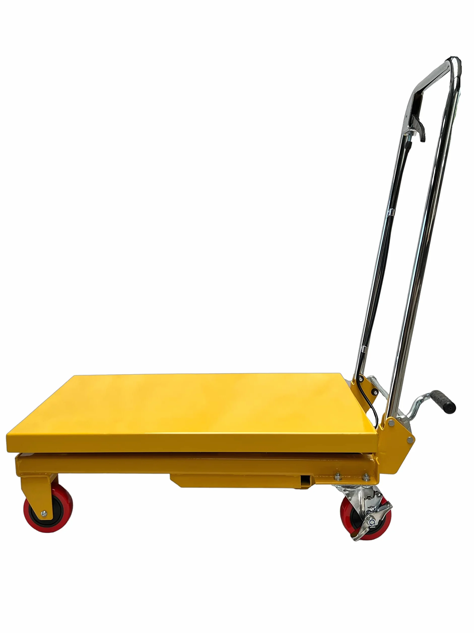Kraftwelle Plataforma de elevación hidráulica con capacidad de carga de 150 kg, carretilla elevadora móvil con patas de tijera, carretilla de plataforma con 4 ruedas de poliamida amarillas
