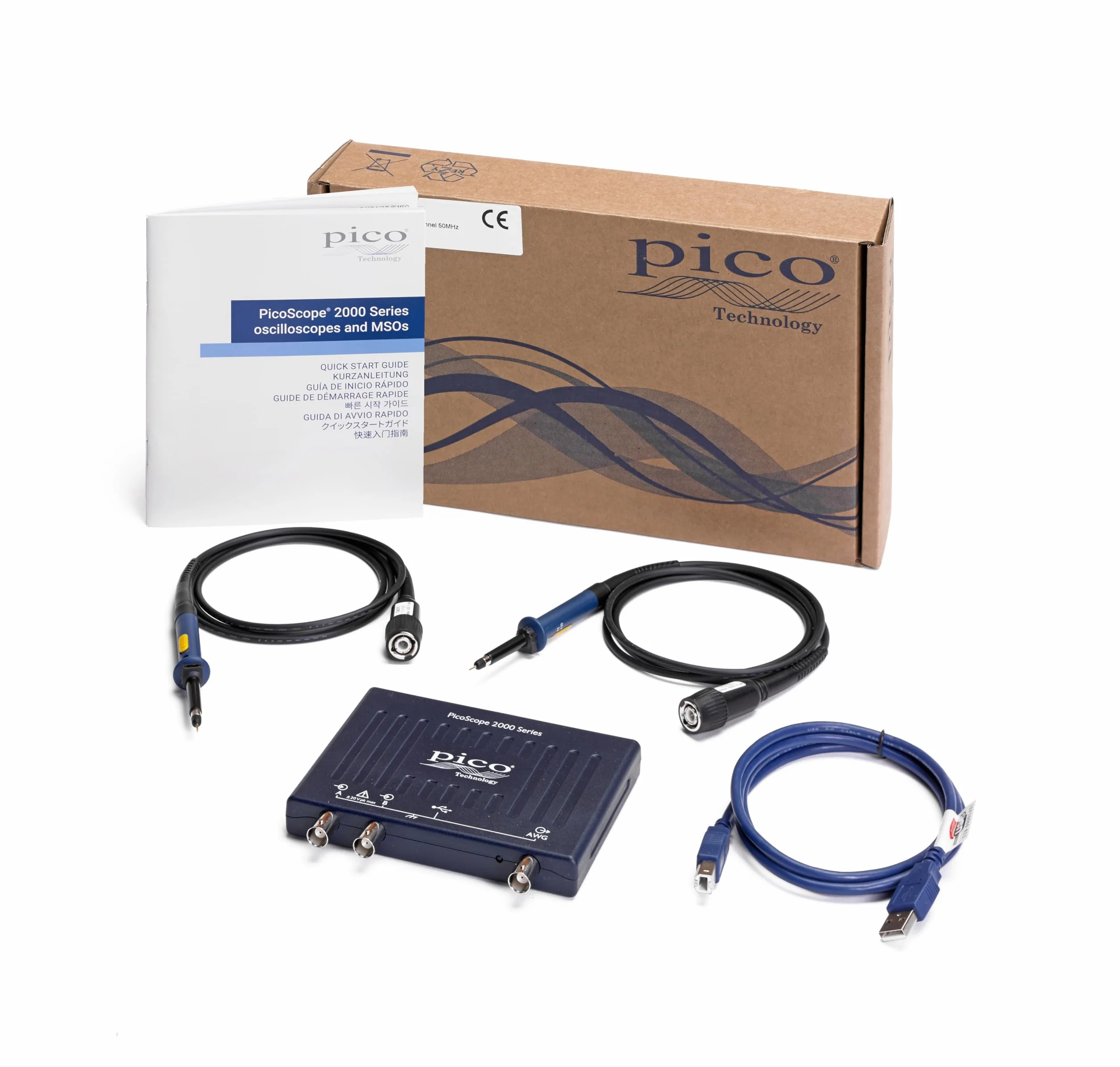 Pico Technology PicoScope 2206B Kit de Osciloscopio 2 canales USB Digital Portatil Osciloscopio, 50 MHz con sondas y PS7 software