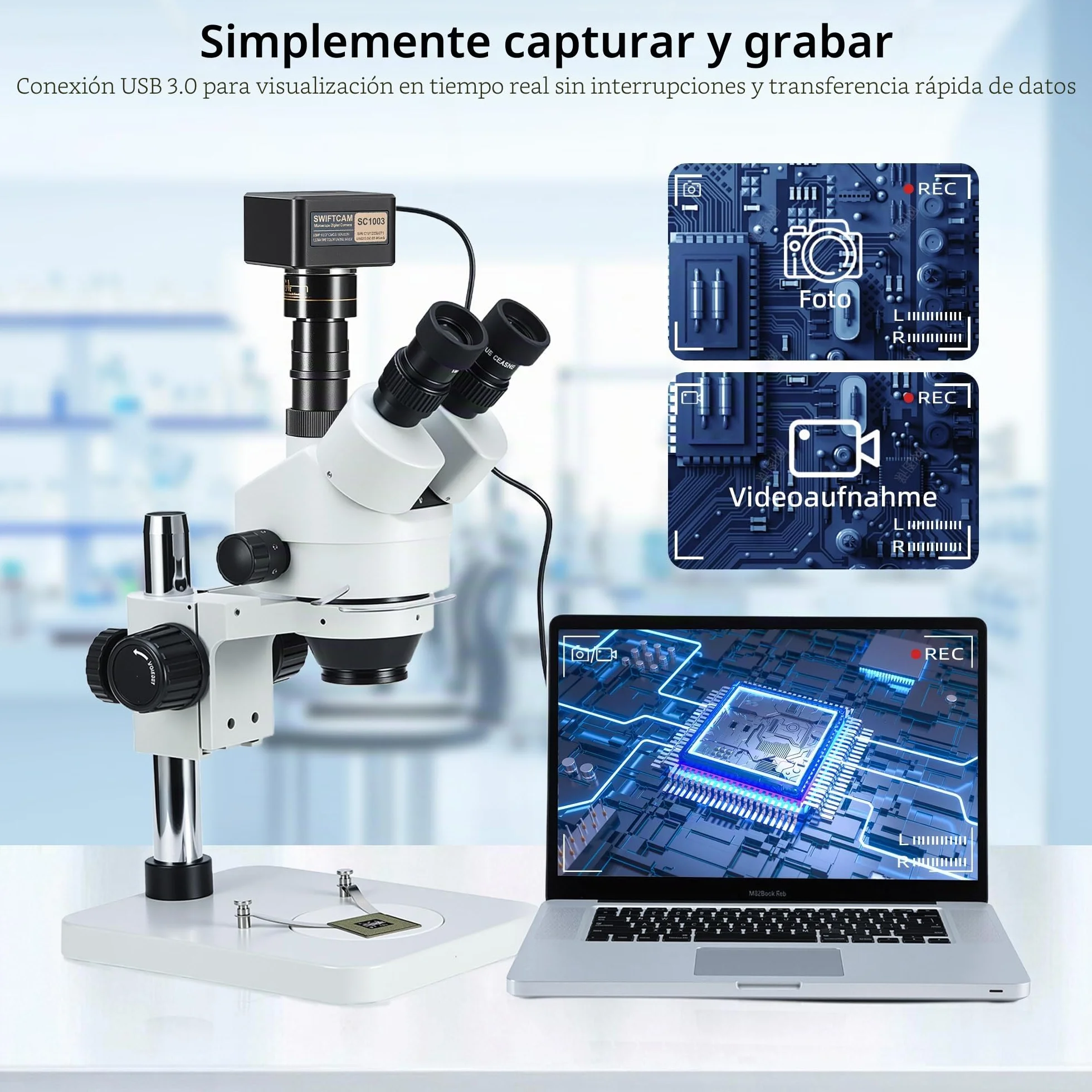 SWIFT Swiftcam - Cámara 10 MP para microscopios con objetivo reductor, kit calibración, adaptadores ojos, cable USB 3.0 SC1003-CK