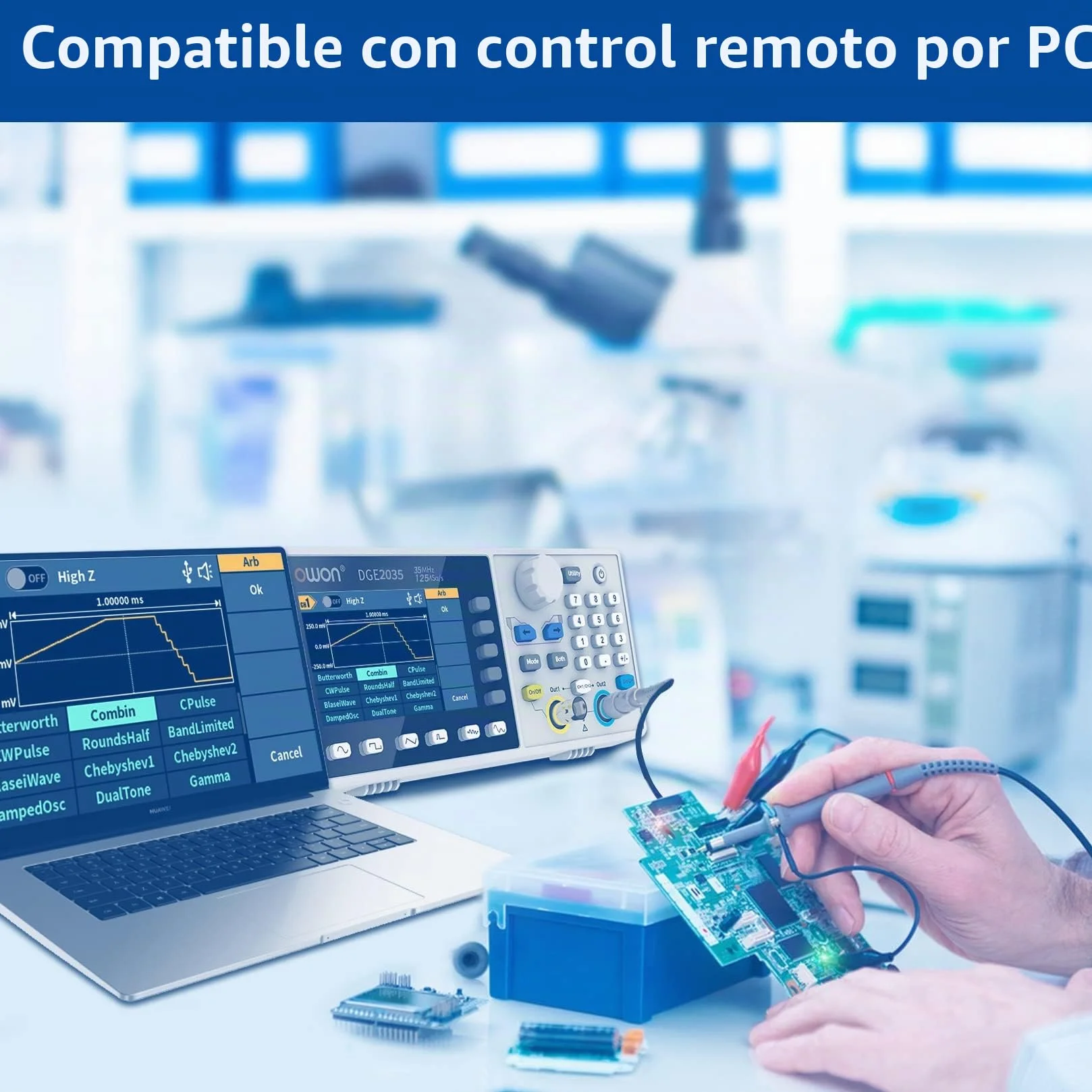 OWON Generador de funciones de 35 MHz de canales duales DGE2035, generador de forma de onda arbitraria portátil con pantalla LCD de 3,6 pulgadas, generador de señal de frecuencia muestreo de 14 bits