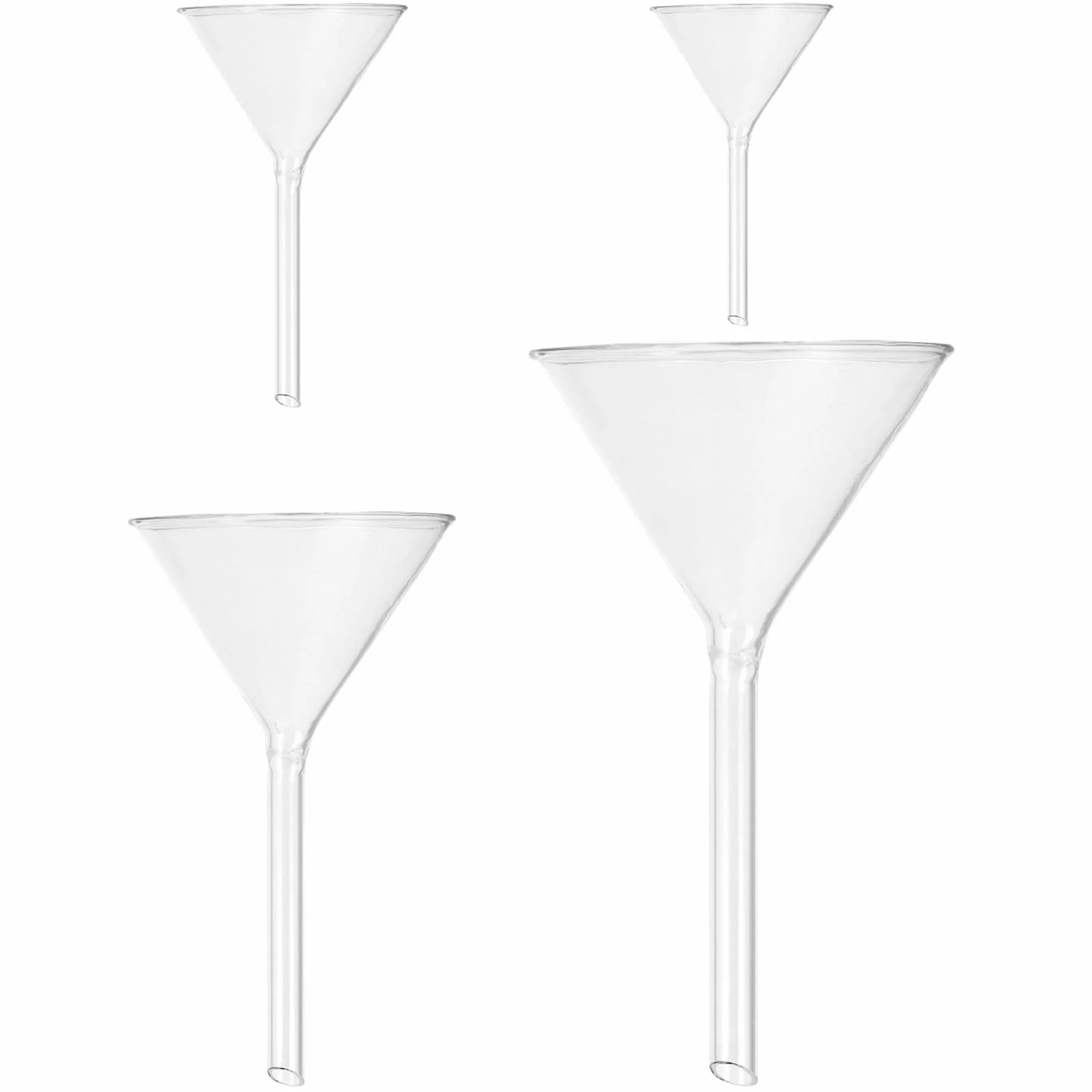 FUOYLOO Juego de Embudos de Vidrio para Laboratorio 4 Piezas de Embudos Cónicos 40 MM 50 MM 75 MM 100 MM Tallo Corto Uso en Transferencia de Líquidos y Llenado de Botellas Pequeñas para