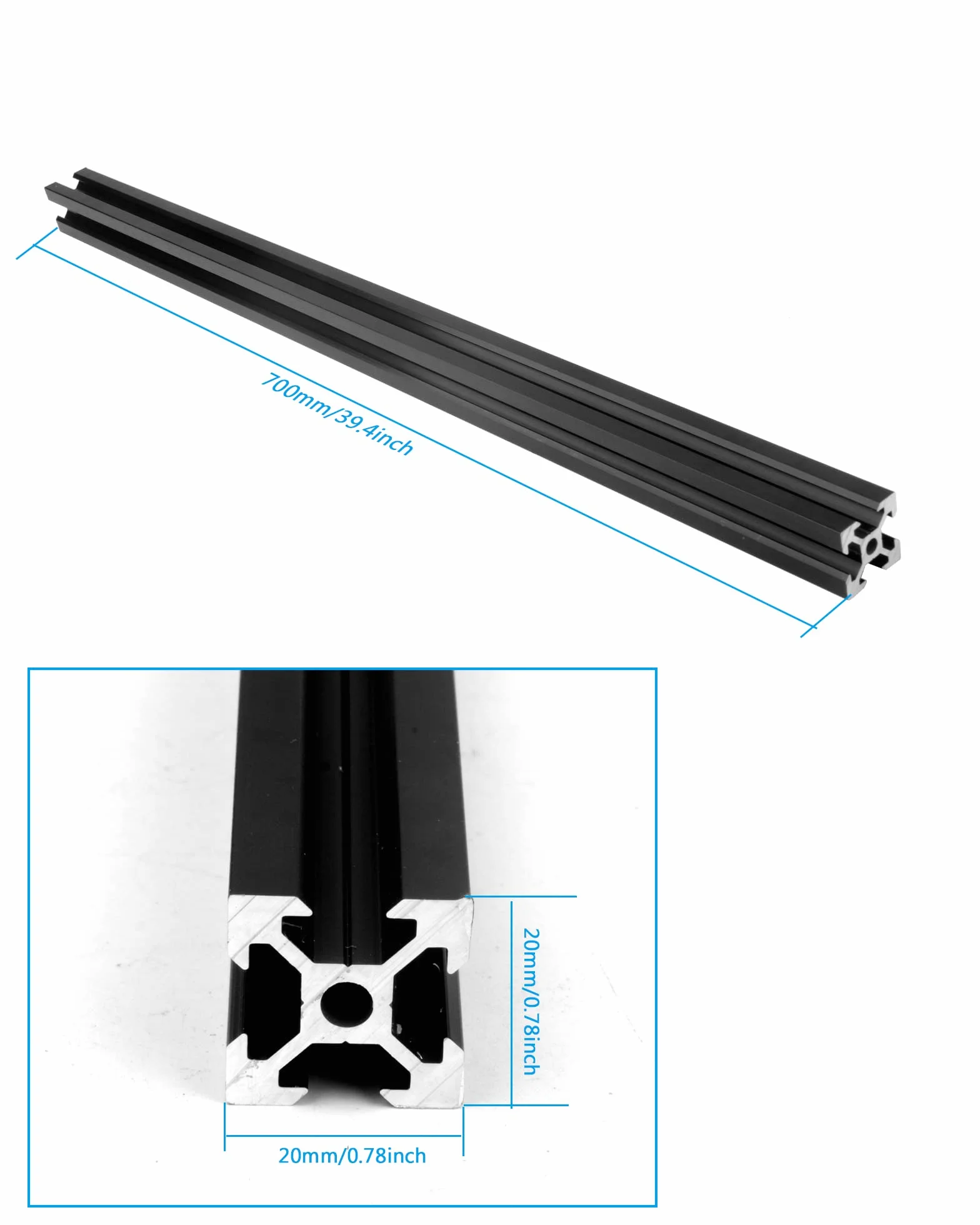 Perfil de aluminio extrusión carril lineal 2020 V negro estándar europeo 700 mm para impresoras 3D CNC
