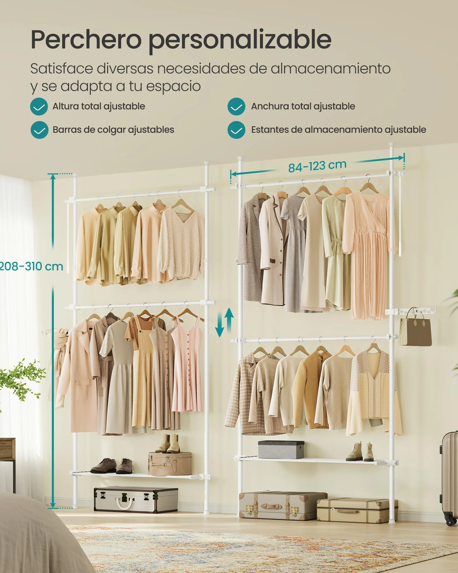 SONGMICS Perchero de piso a techo ajustable, 3 niveles, barra de ropa, organizador de armario, blanco mate