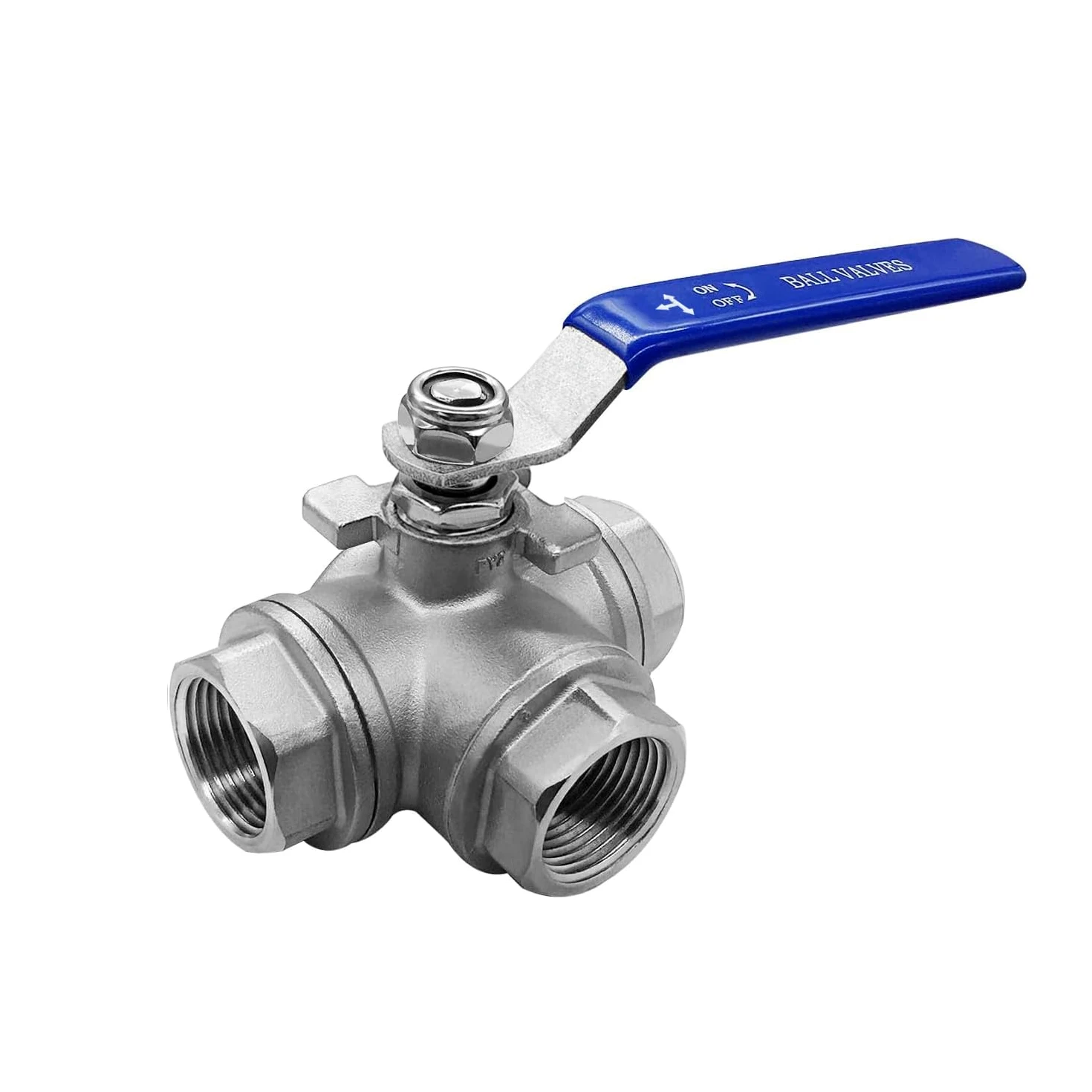 Beduan Válvula de bola de 3 vías de acero inoxidable 304 T, almohadilla de montaje tipo hembra para agua, aceite, combustible y gas con mango de bloqueo de vinilo (1 pulgada NPT)