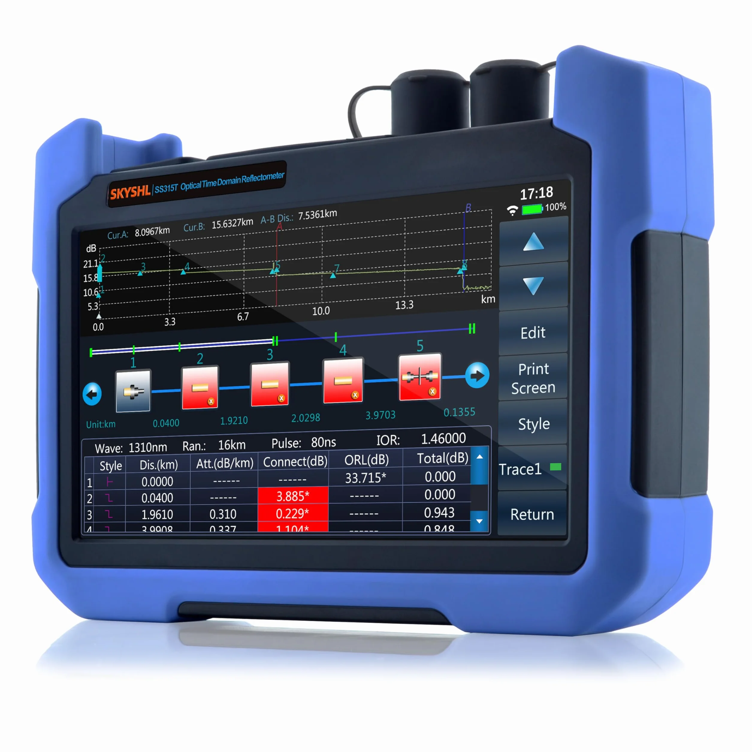 1310nm/32dB+1550nm/30dB SM OTDR Probador de Monomodo Fibra Con OPM+OLS+VFL+Mapa de Eventos+Módulo APP+Pantalla Táctil de 7” Compatible con SC+ST+FC+LC/UPC&APC-SS315T-2A1