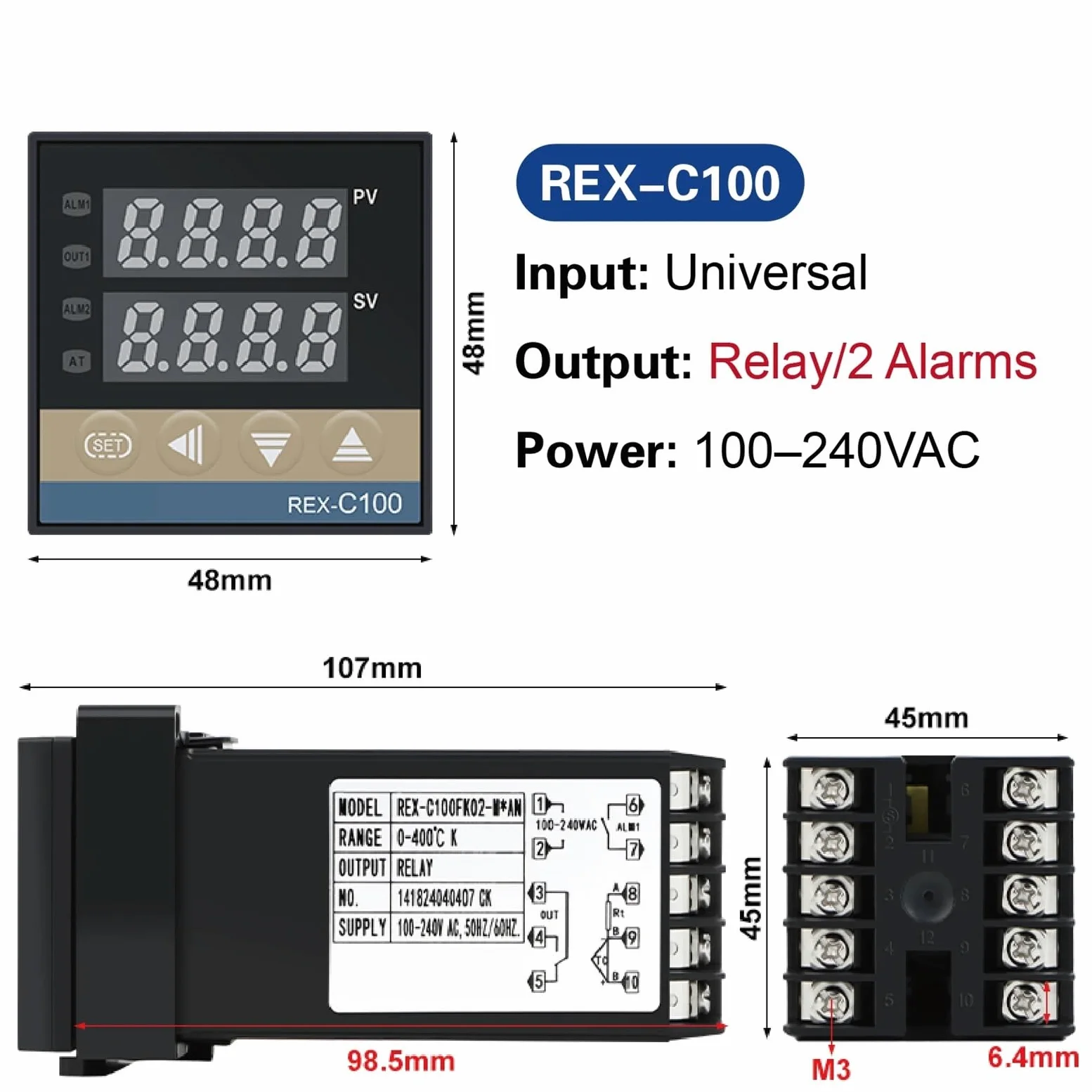 Controlador de temperatura PID digital REX-C100, salida de relé de estado sólido, instrumento de termostato industrial(Gold)