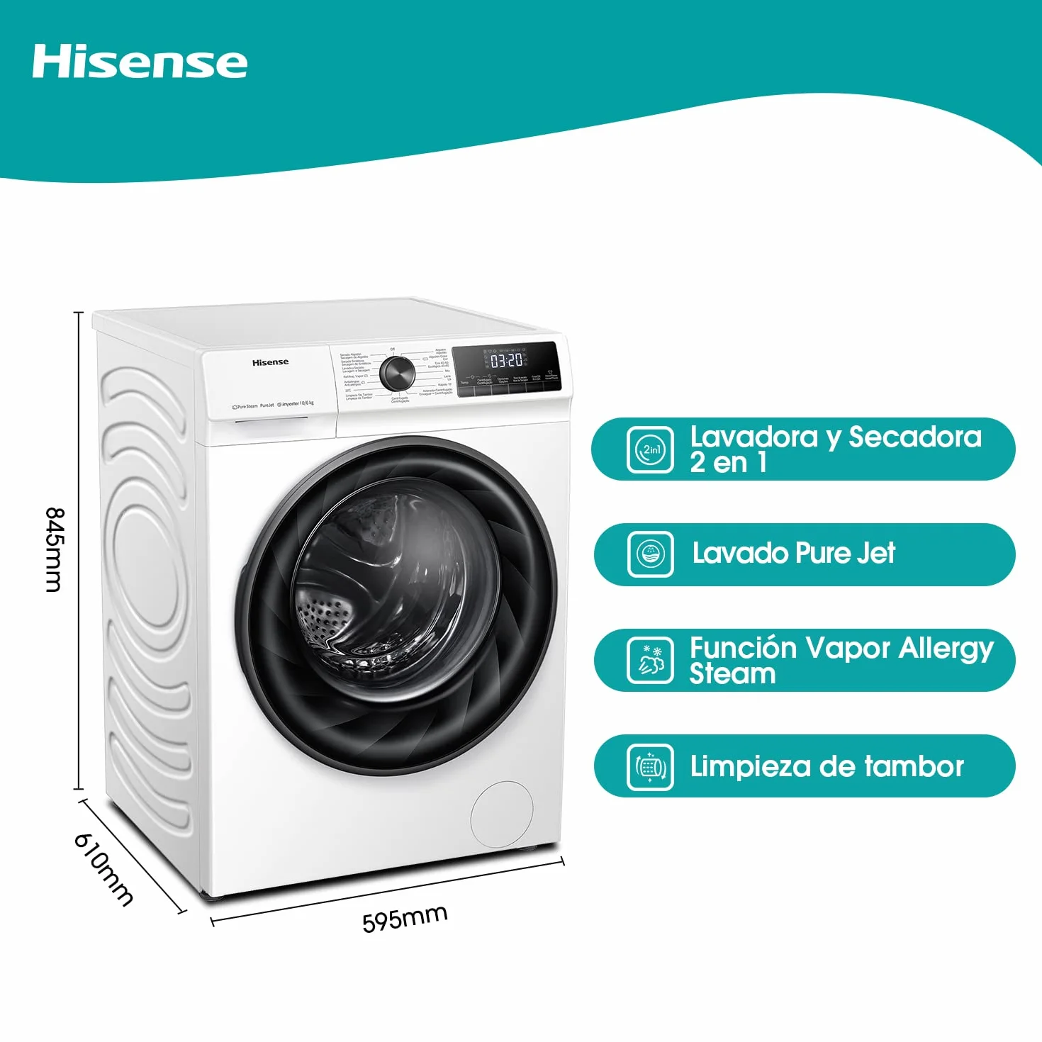 Hisense Lavadora Secadora 10KG 1400RPM Función Vapor JetWash Blanco