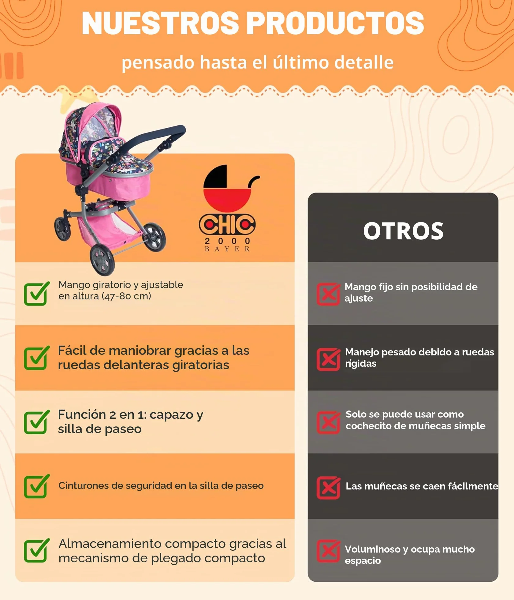 Bayer Chic 2000 Cochecito de muñecas Mika 2 en 1 para niños de 4 a 8 años Estrellas moradas