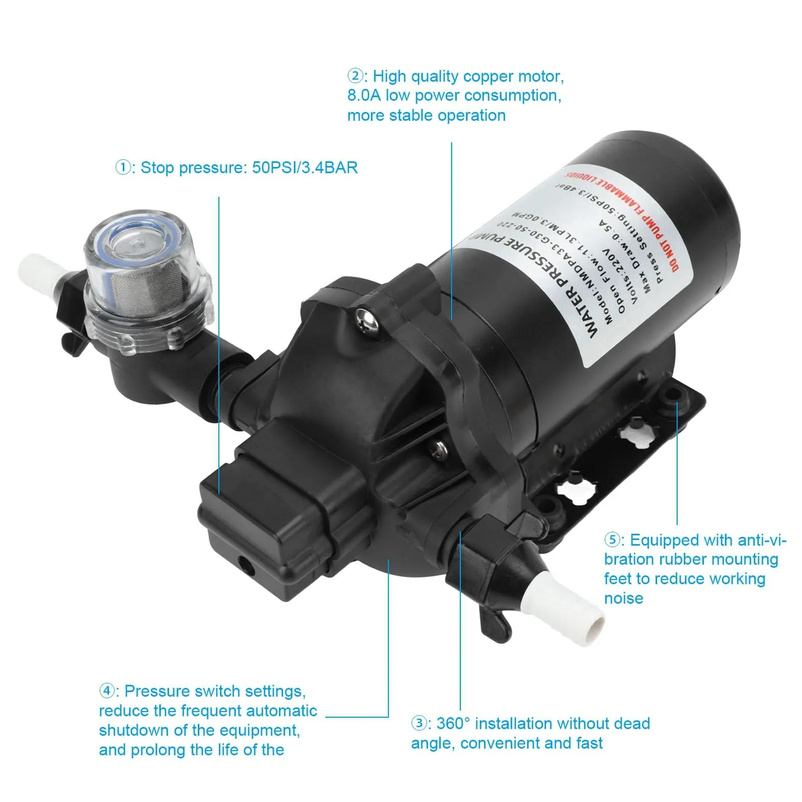 Bomba de Presión de Agua Industrial de 220V, 11,3 LPM, 50PSI, Autocebante para Coche, Caravana, Yate, Barco Marino