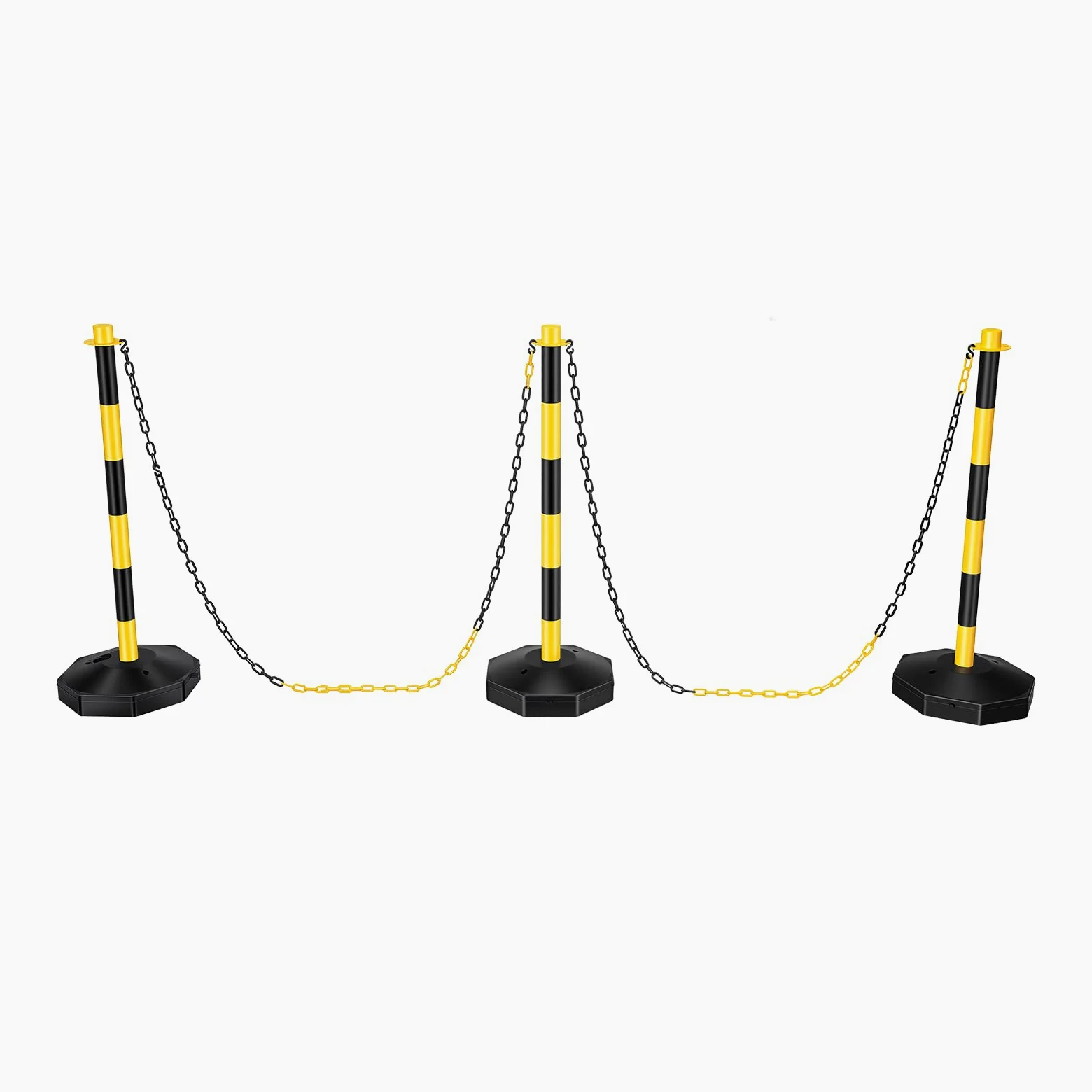 Postes en juego de 6 barreras con cadenas de 2 m, barra de cola de 85 cm de alto, control de multitudes, color negro y amarillo, postes de barrera rellenables, barrera de cadena fácil para almacenes