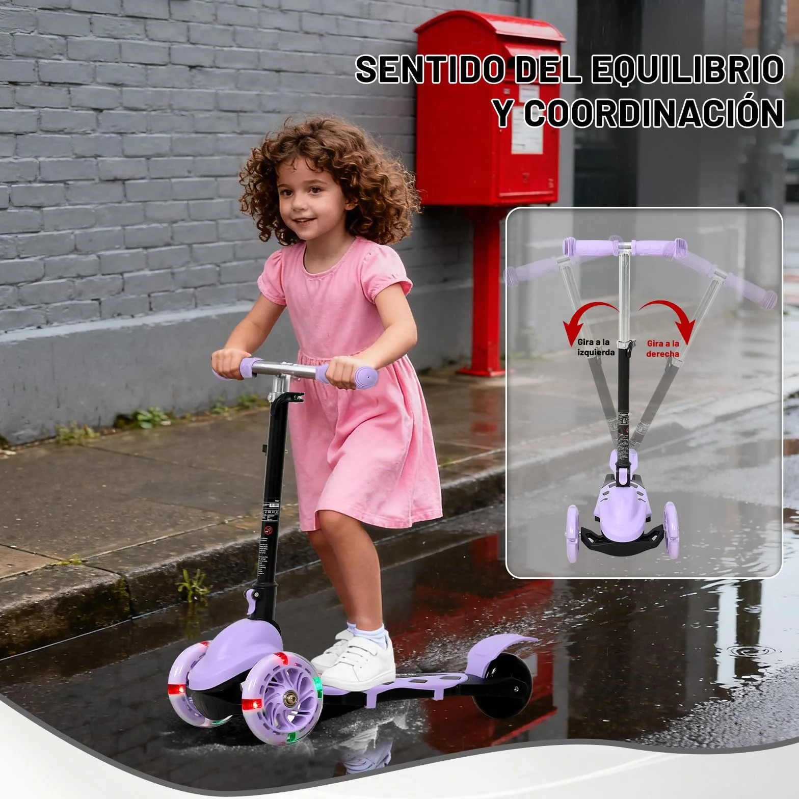 Patinete Scooter Plegable 3 Ruedas para Niños 2-5 Años, Manillar Ajustable 57-72cm, Luces y Freno Posterior, Máx. 50kg