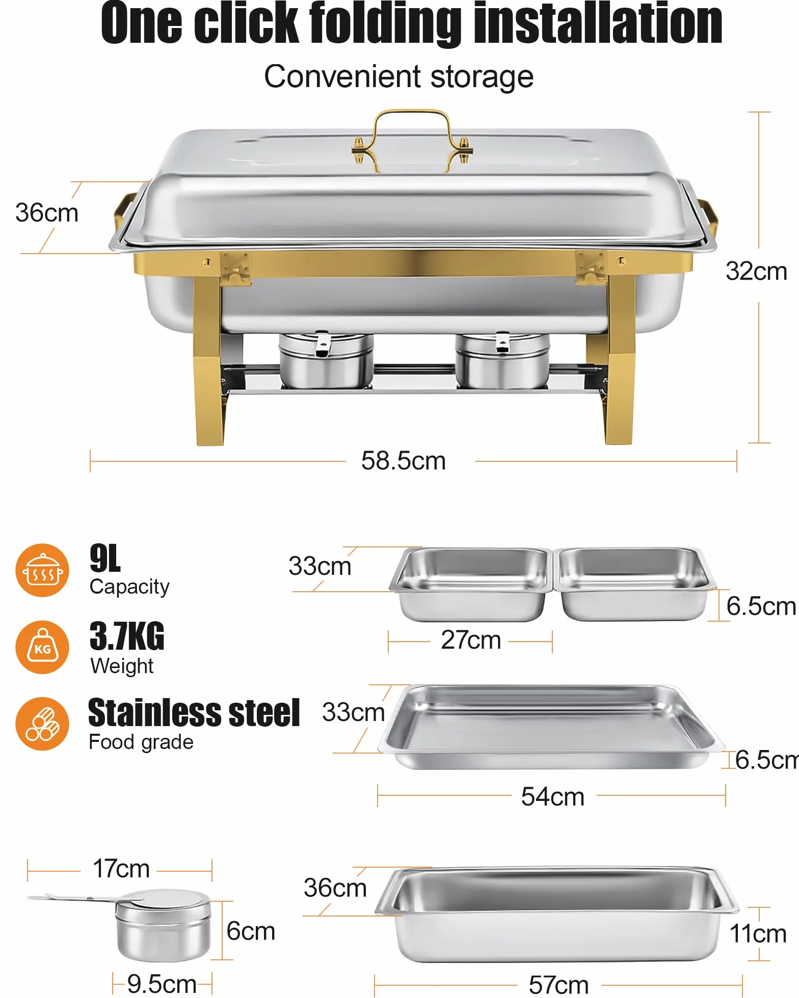 Chafing Dish Buffet Set 9L Acero Inoxidable Oro Plata Acabado Espejo Borde Enrollado Calentador Alimentos Catering