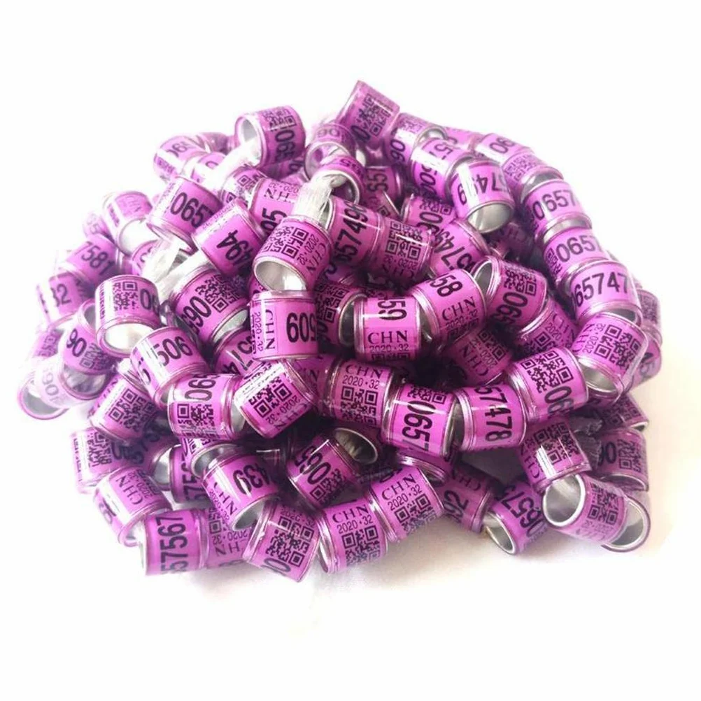 Identificación mediante anillas para aves, Anillos abiertos de aluminio for patas pájaros y palomas con números impresos, 8 mm, color morado, paquete 100(5 Set Ofpurple)