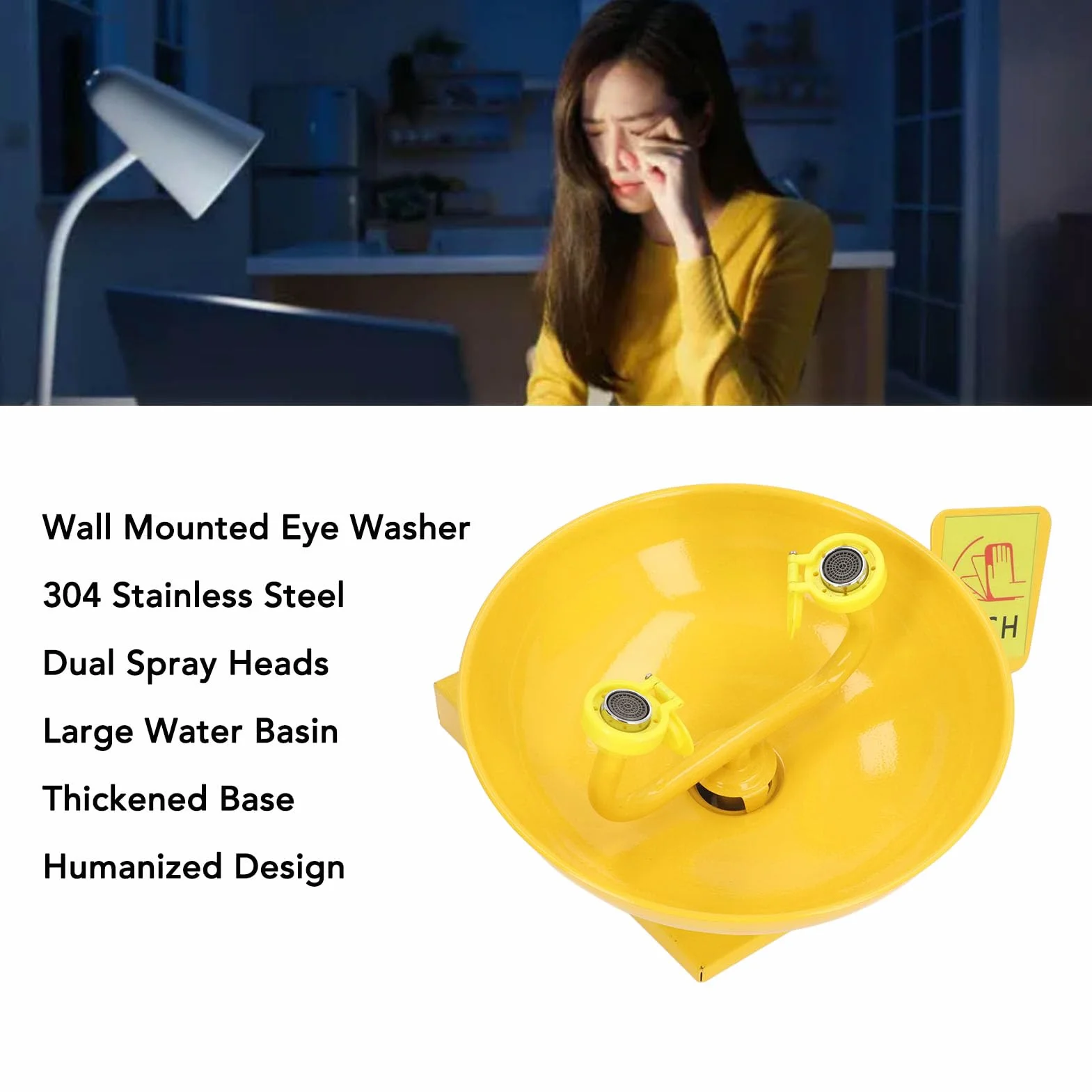 Lavador de Ojos Montado en la Pared, Estación Lavaojos Amarilla, Dispositivo de Lavado de Ojos de Emergencia, Cabezales de Pulverización Dobles de Acero Inoxidable, Estación de