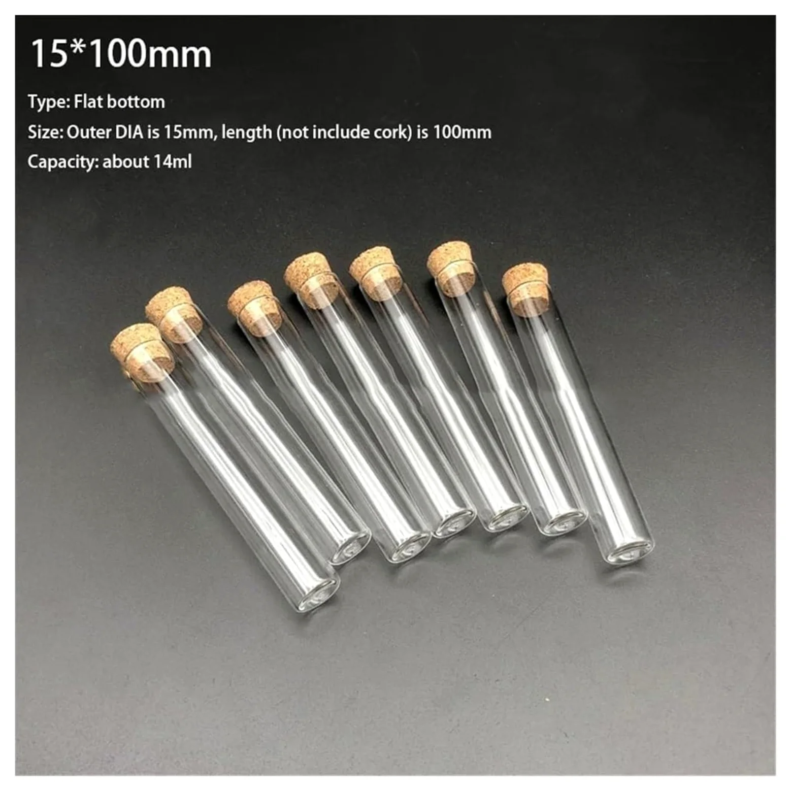 Tubos de ensayo de Vidrio Transparente, Tubo de ensayo Vidrio borosilicato, Tapones Corcho Fondo Plano 15x100mm, Varios tamaños(100pcs)