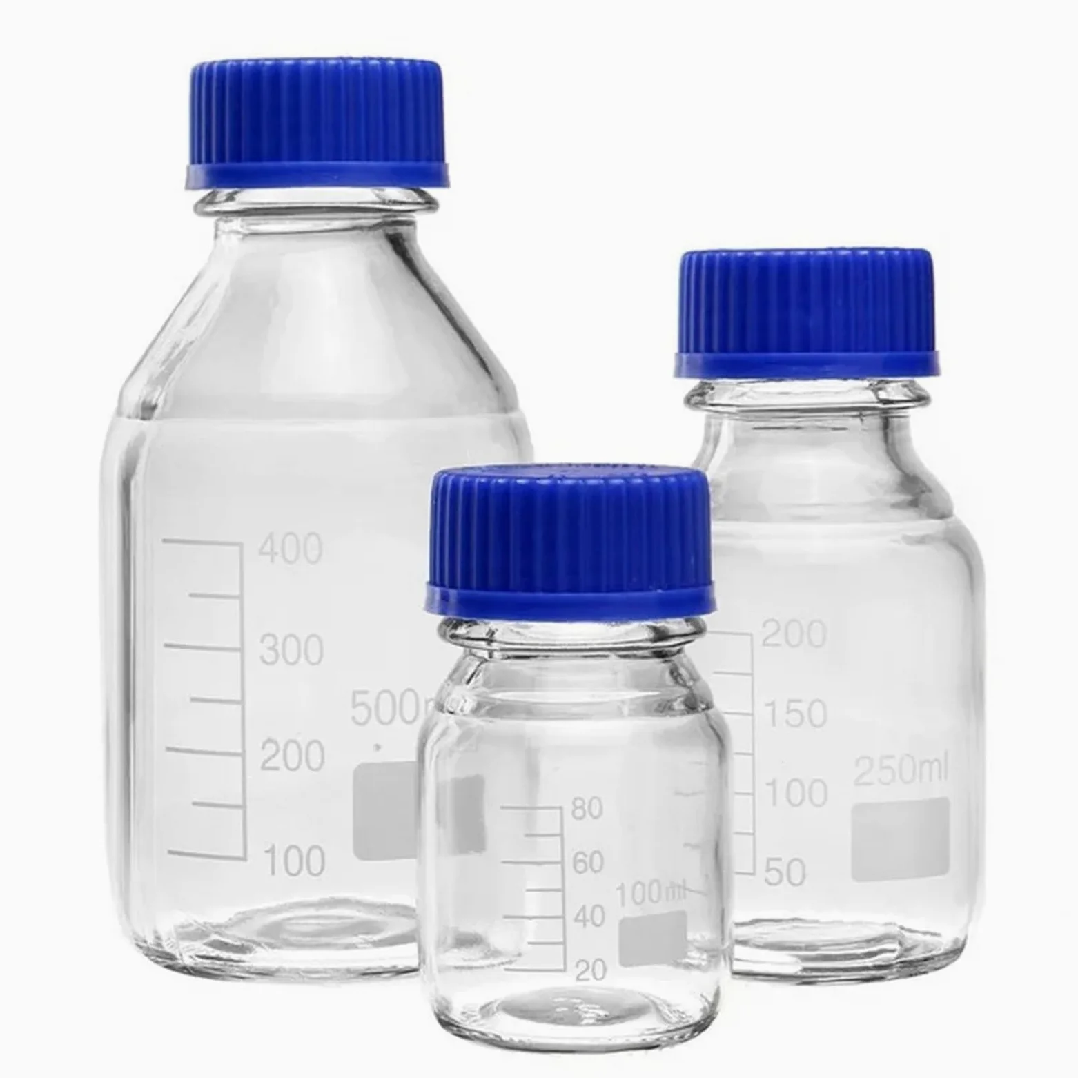 Botella de reactivo de vidrio de borosilicato de laboratorio transparente de 100ml 250ml 500ml 1000ml con tapa azul de tornillo