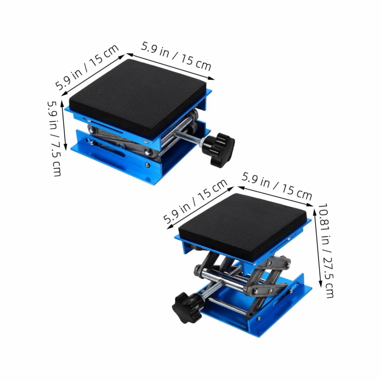 Plataforma Elevadora de Laboratorio Ajustable 15x15cm Aluminio | Capacidad Estática 10kg, Rango 7, 5-27, 5cm, Espuma Amortiguadora Antideslizante
