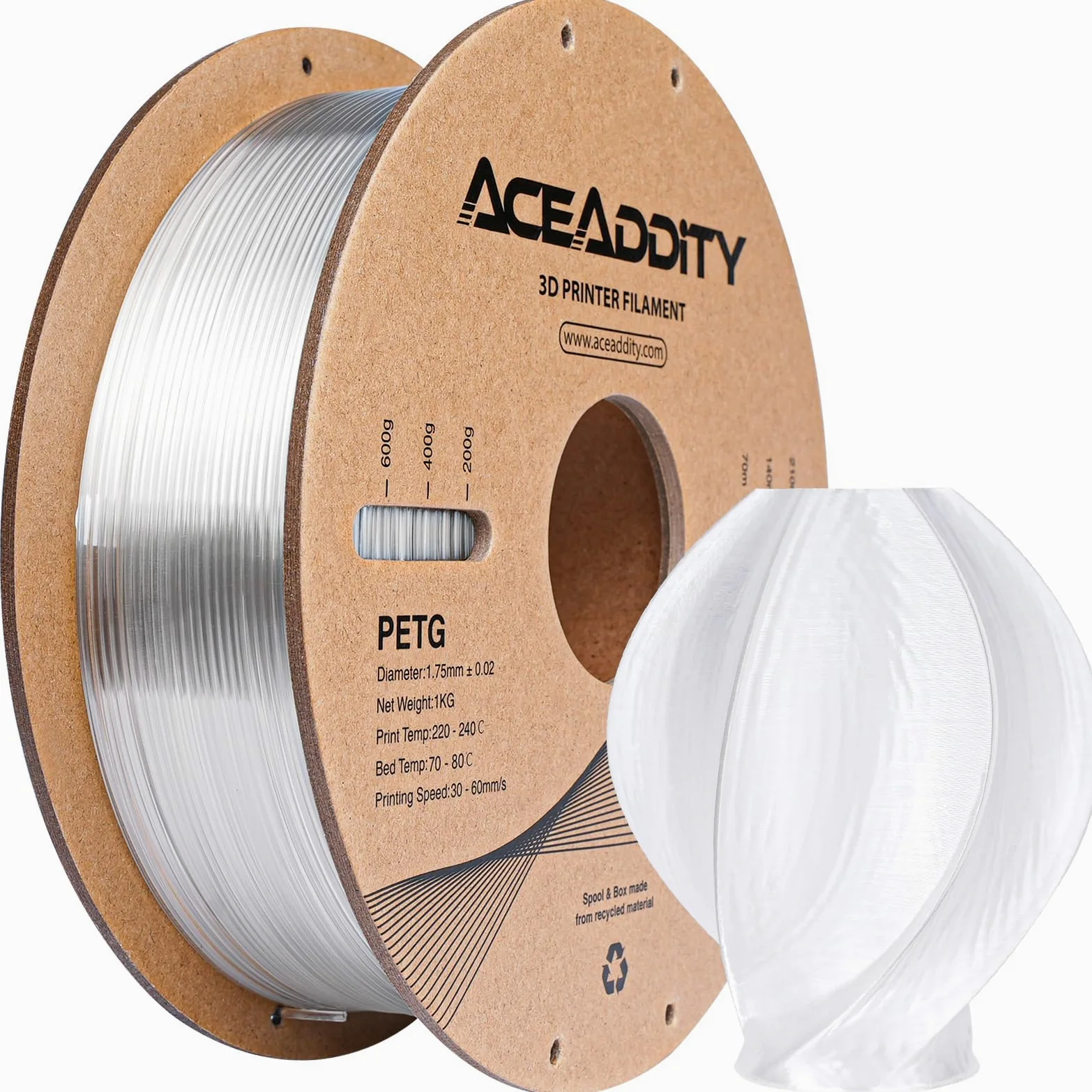 Filamento de PETG de 1,75 mm PETG de impresión 3D, compatible con la mayoría de impresoras 3D FDM Neptune 2 / Neptuno 3 / Ender 3 / Precisión dimensional ± 0,02 mm, bobina de 1 kg (2 kg)