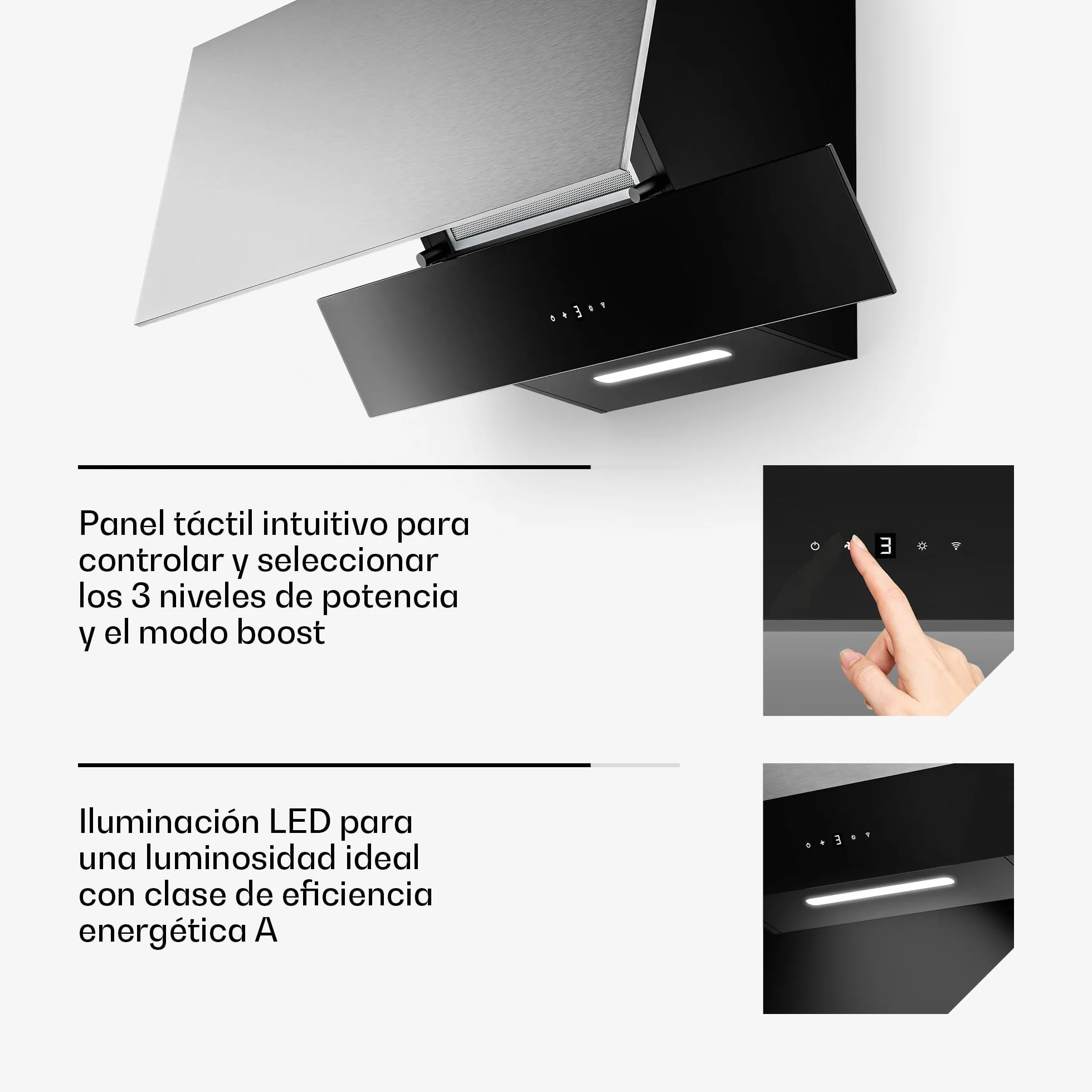 Klarstein Verosteel Campana Extractora 90 cm 624 m³/h A++ LED Táctil Filtros Lavavajillas Inox Cristal