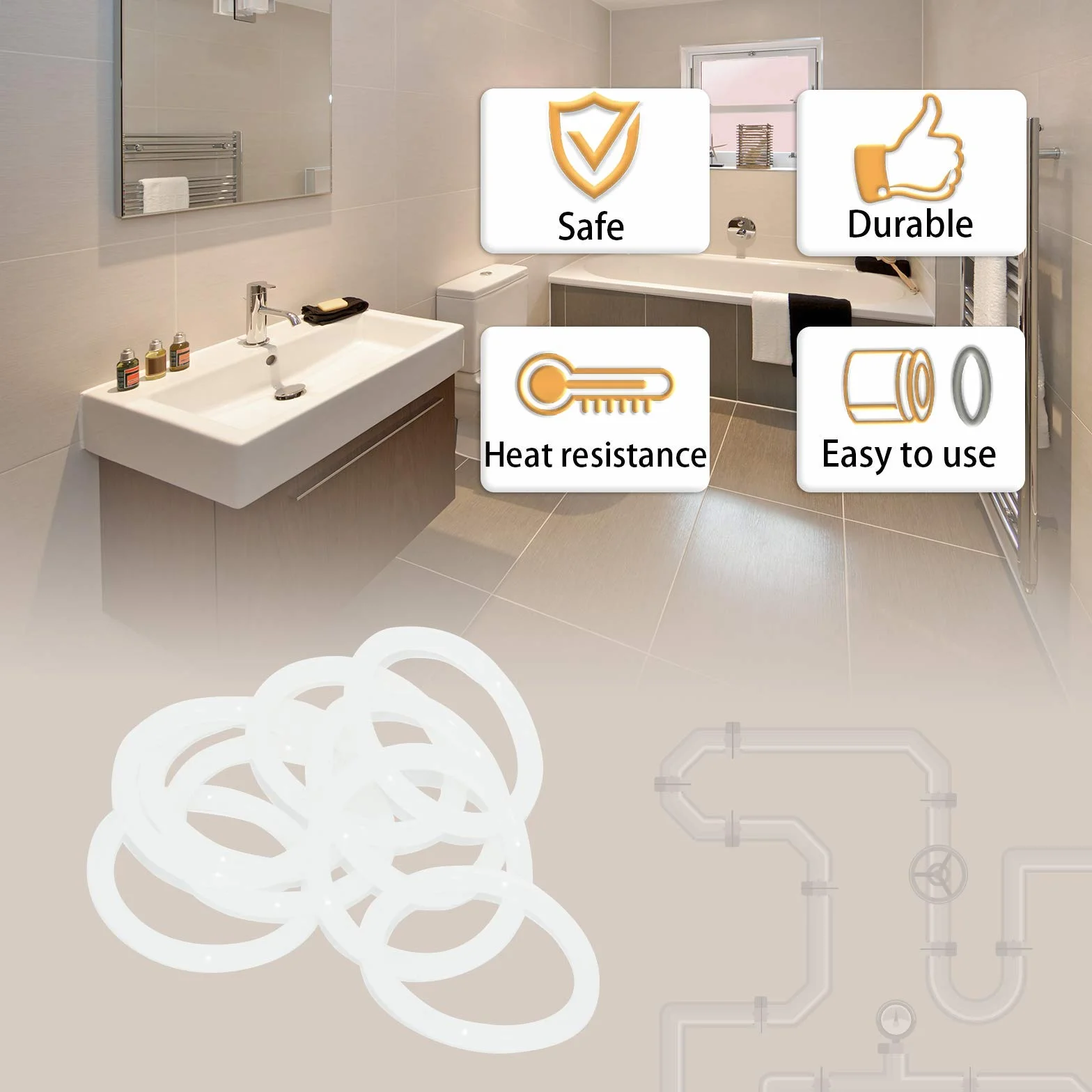 White 15cm OD 14.4cm ID 0.3cm Width Silicone O-Ring Seal Rings 5 Pack