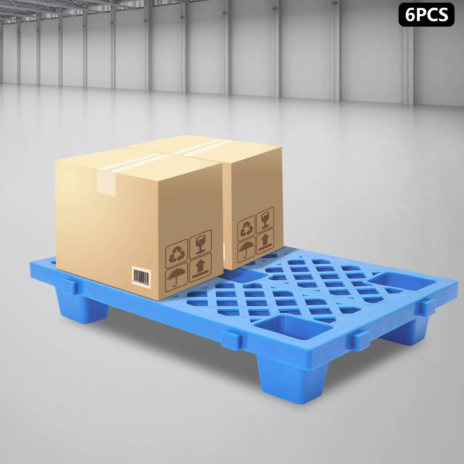 Juego de 6 paletas de plástico, 60 x 40 x 10 cm, apilables, ligeras, con base estriada y conexión a presión, para almacén, logística, exterior, cocina, trastero, hasta 100 kg (azul)