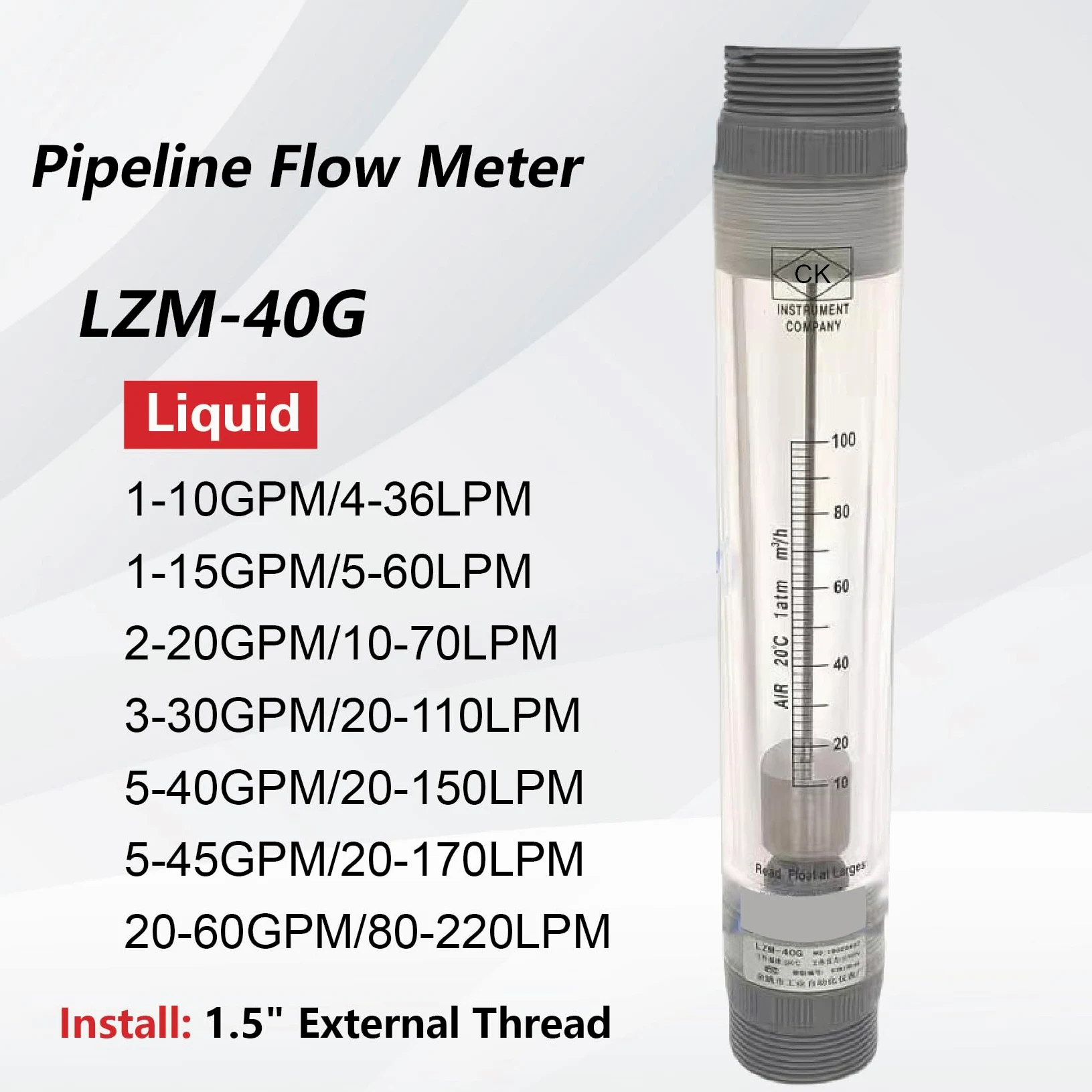 Medidor de caudal de agua, Medidor de flujo rotámetro LZM-40G, medidor de flujo de tubería acrílica for agua pura, gas líquido, industrial, mecánico ajustable(2-20GPM 10-70LPM)