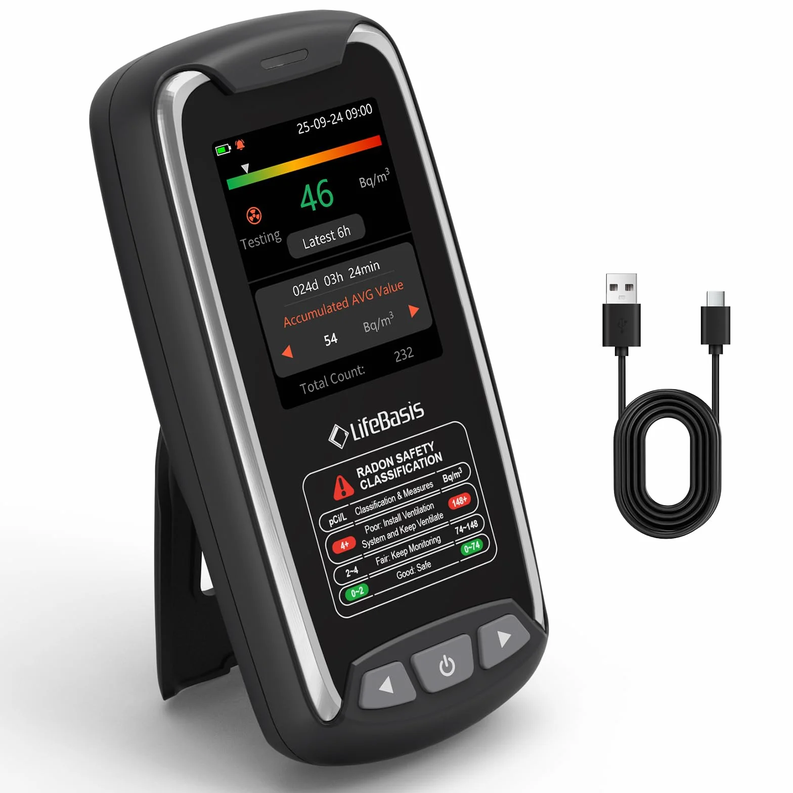 Monitor de radón portátil LifeBasis para uso doméstico,sensor de alta precisión, almacenamiento de datos de larga duración con alarma visual y sonora,visualización de datos iniciales en 6 Bq/m³o pCi/L