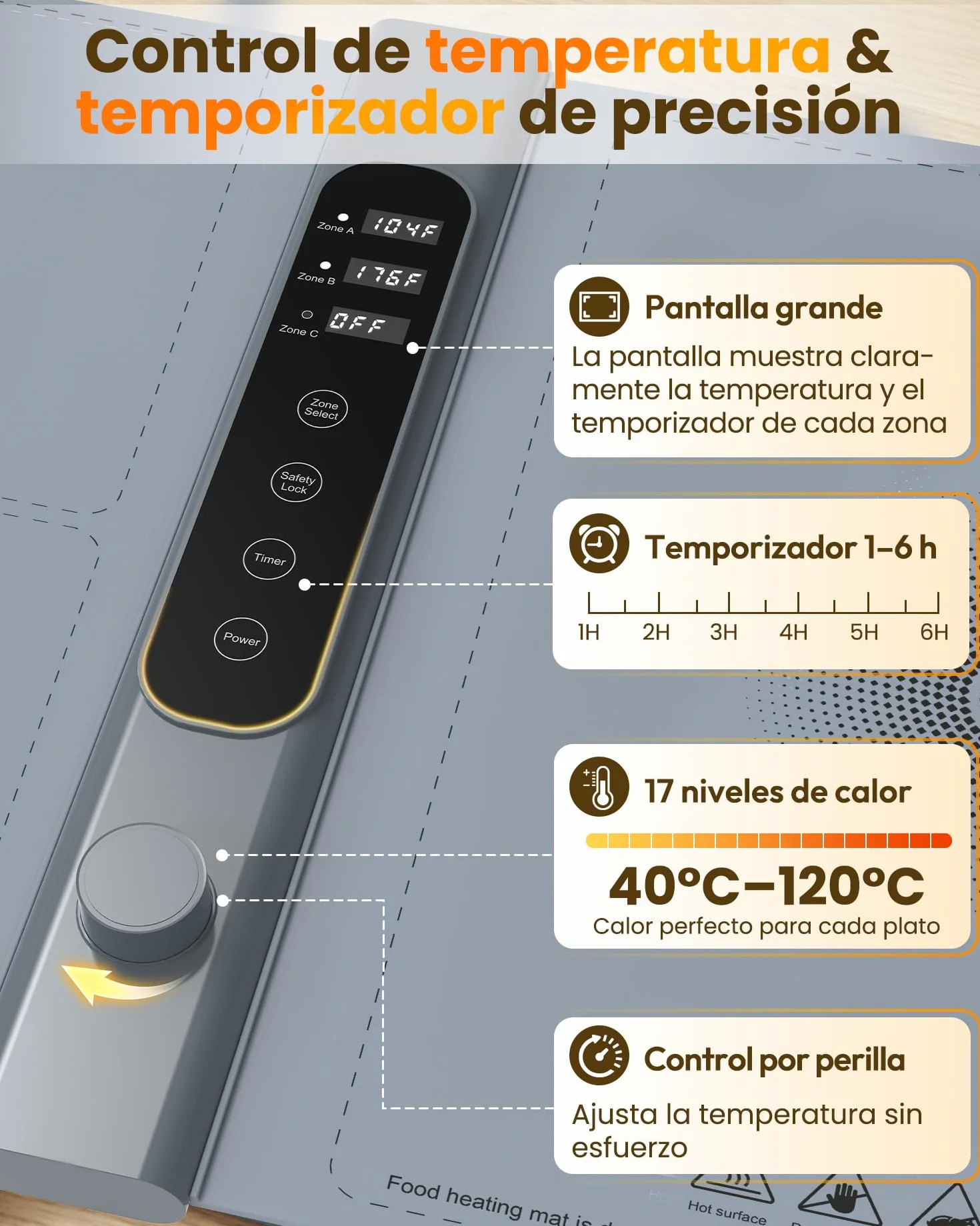 Bandeja de Calentamiento de Silicona 101×43 Cm 3 Zonas 17 Temperatura 1-6 Horas Eléctrica Comida Buffet