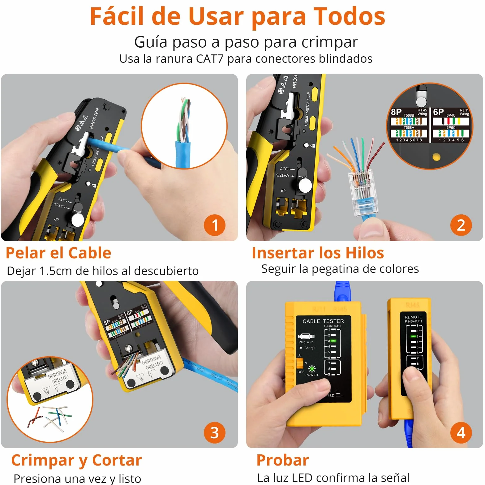 Proster Juego de Crimpadora CAT7 Profesional con Conectores Blindados y Probador Recargable