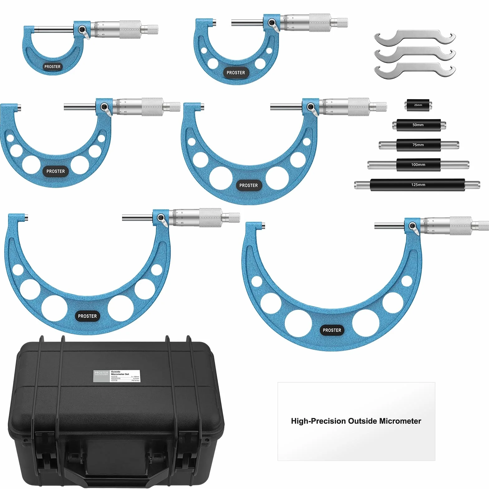 Proster Micrómetro Externo 0~150mm 6PCS Micrometro Metrico 0-25mm,25-50mm,50-75mm, 75-100mm,100-125mm,125-150mm con 5 Varillas de Calibración y 3 Llave Especial para Mecanizado, Automoción Inspección