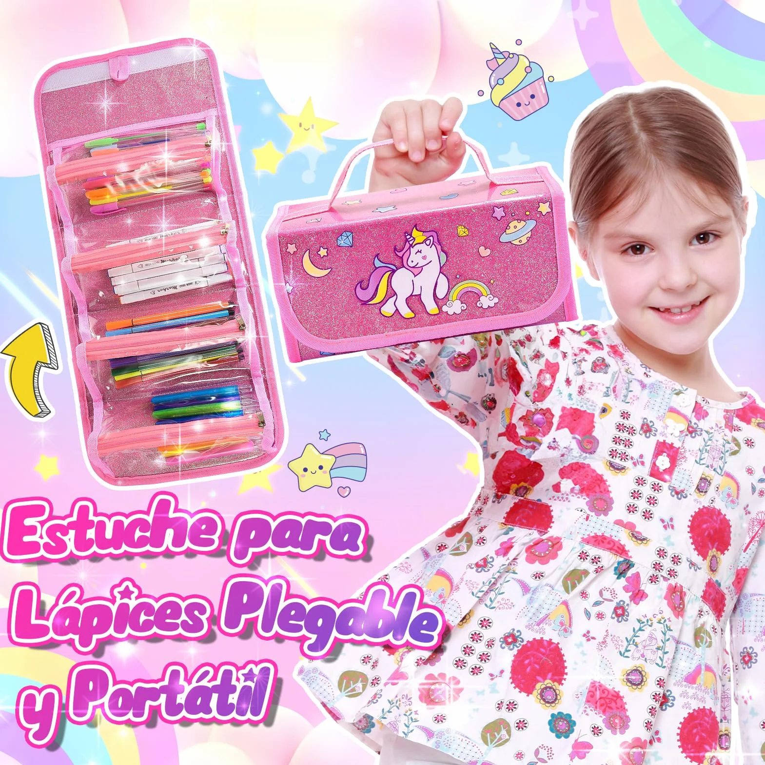 Maletin Pinturas para Niños Acuarelas Marcadores Regalo Niña 3-10 años Estuche 48 Pinceles Pegatinas Impermeable Fácil de Limpiar Rosa