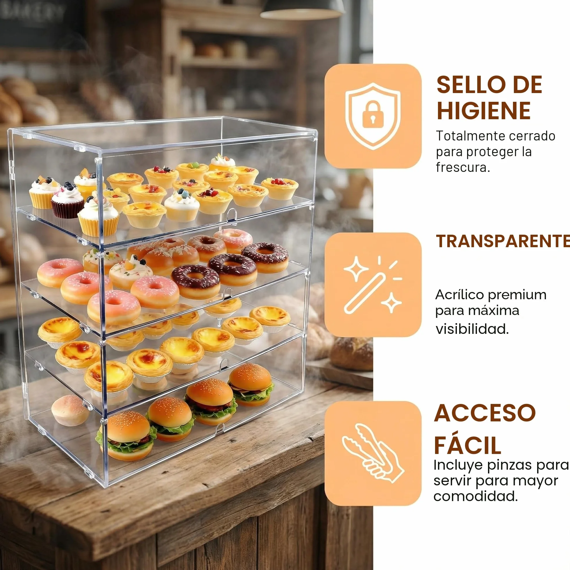 Vitrina Transparente para panadería con encimera de 3 Niveles, Paneles PETG de Alto Impacto de 5 mm (LJ039C 4-Tiers transdparent)