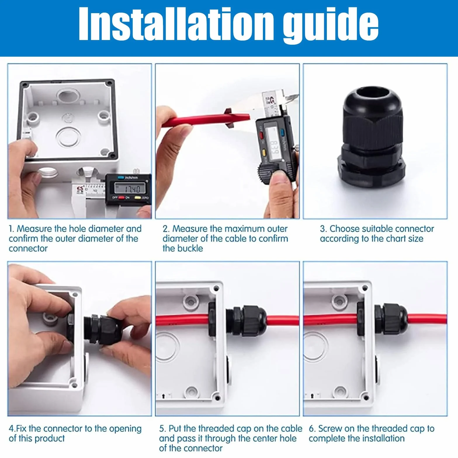 Kit de 50 piezas pasacables impermeables ajustables M12-M25 PG7-PG19 de plástico negro